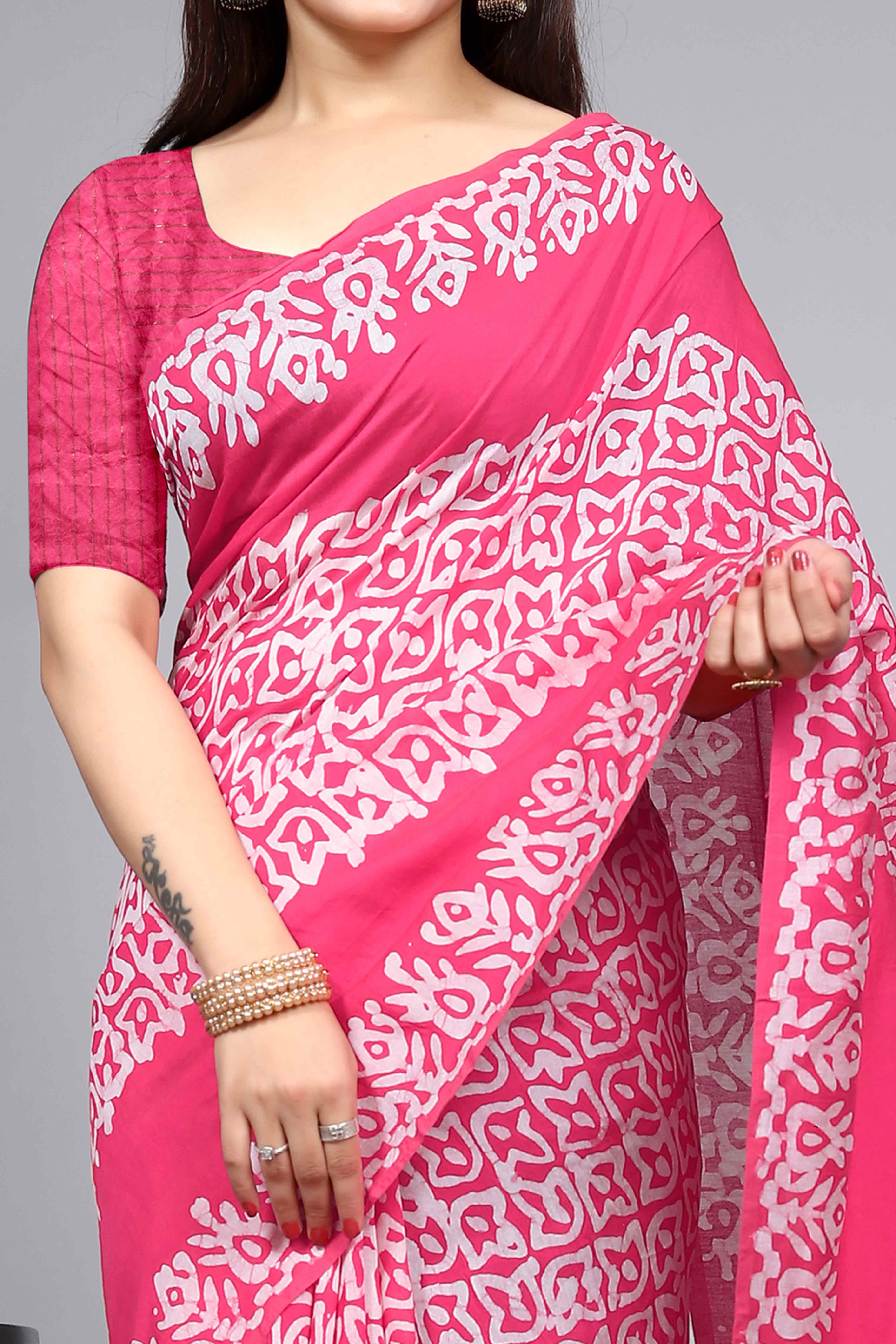 Pink Floral Printed Chanderi Cotton Silk Lagdi patta Saree - Image 2