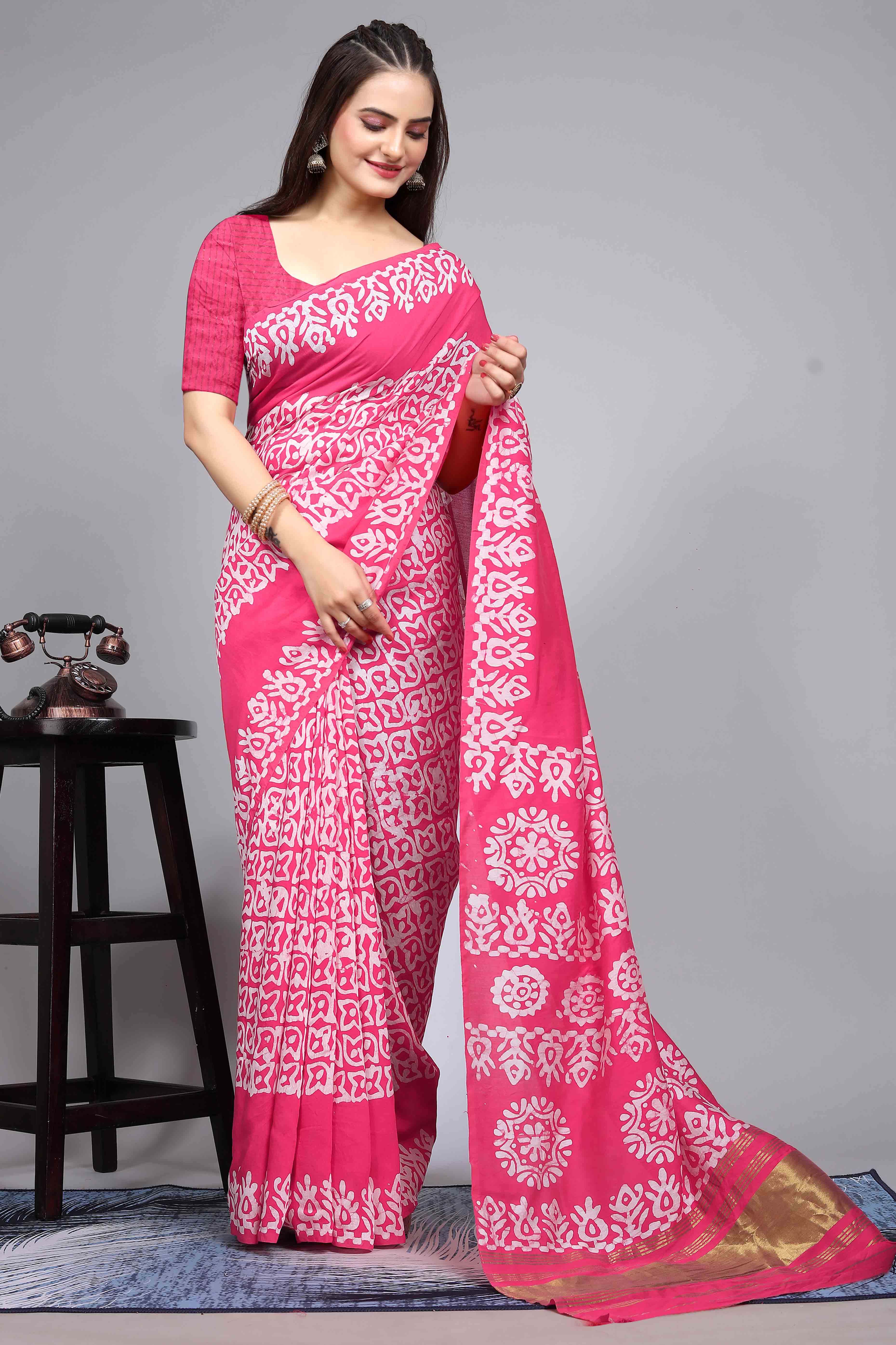 Pink Floral Printed Chanderi Cotton Silk Lagdi patta Saree - Image 3