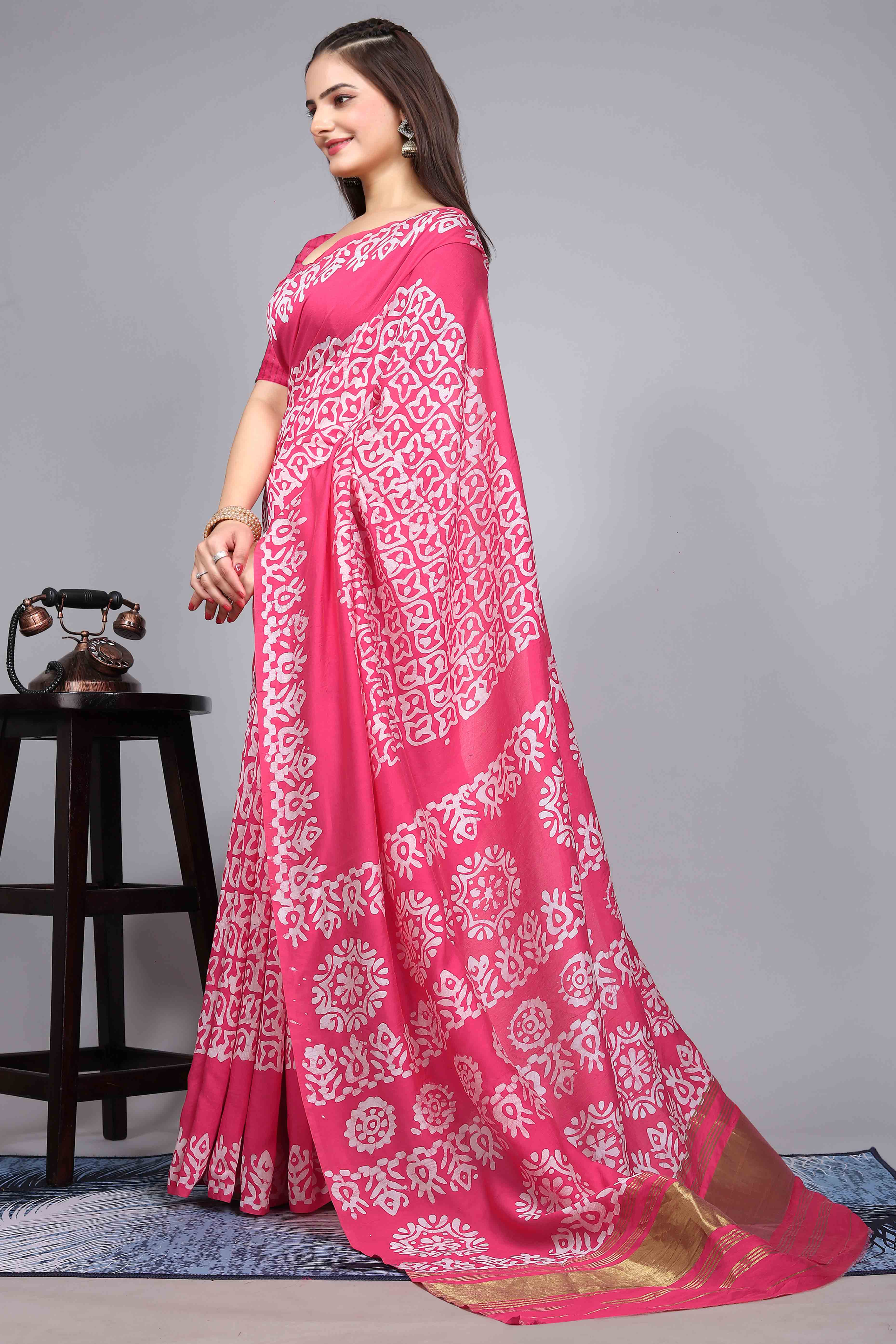 Pink Floral Printed Chanderi Cotton Silk Lagdi patta Saree - Image 4