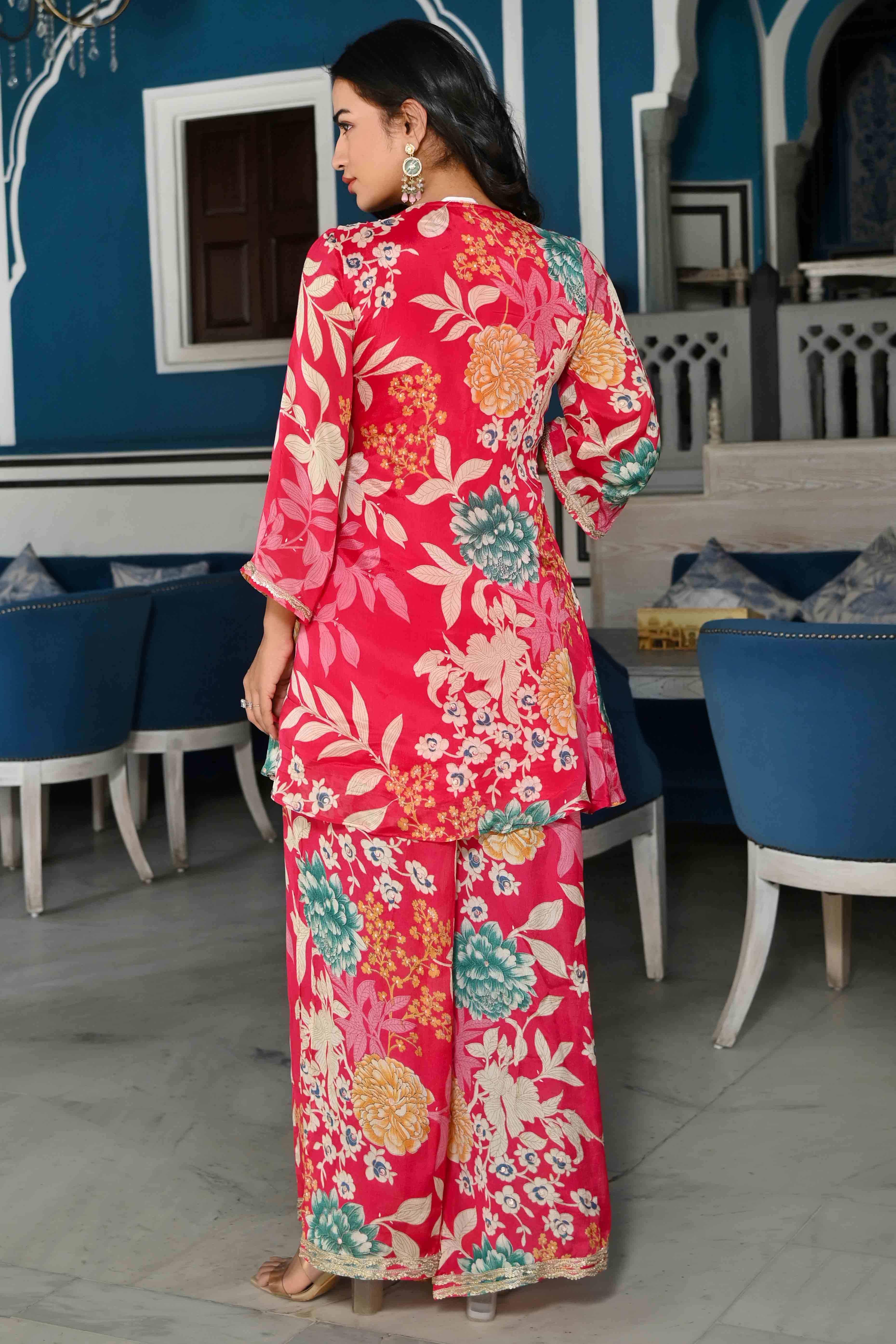 Pink Floral Printed Chinon Co-Ord Set With Shell Beads Work - Image 7