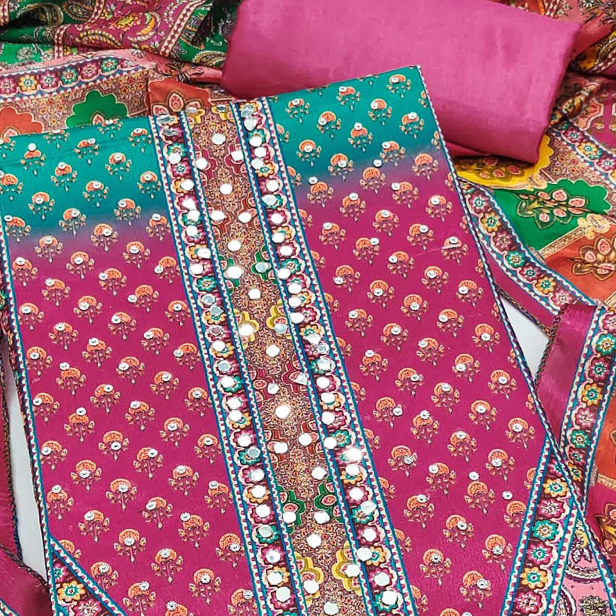 Pink Floral Printed Chinon Dress Material Embellished With Mirror & Stone Work - Image 2