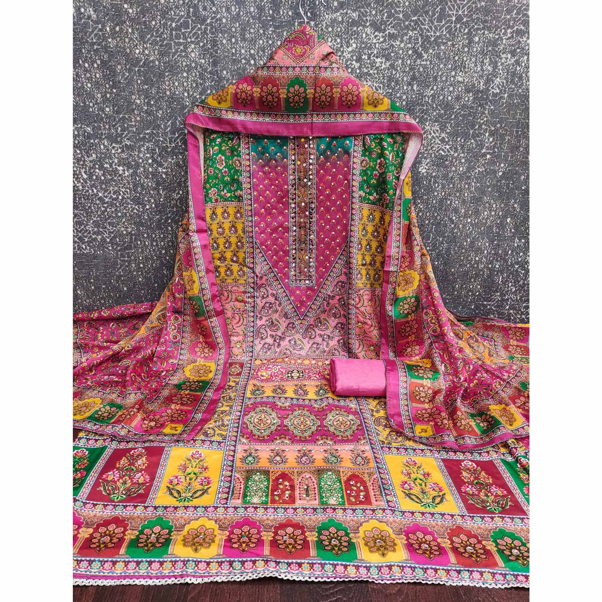 Pink Floral Printed Chinon Dress Material Embellished With Mirror & Stone Work - Image 4