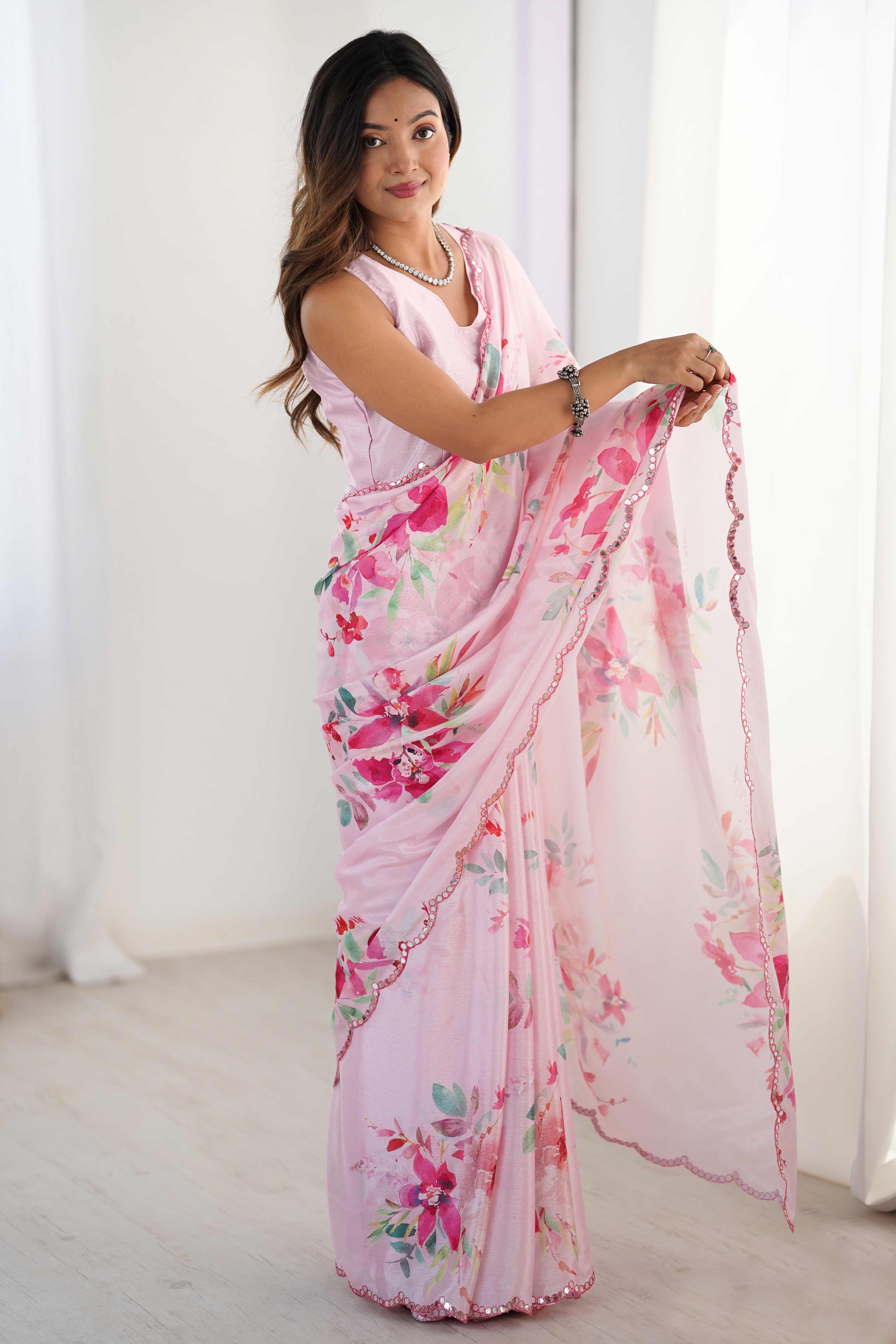 Pink Floral Printed Chinon Saree With Shimmering Mirror Detailing - Image 3