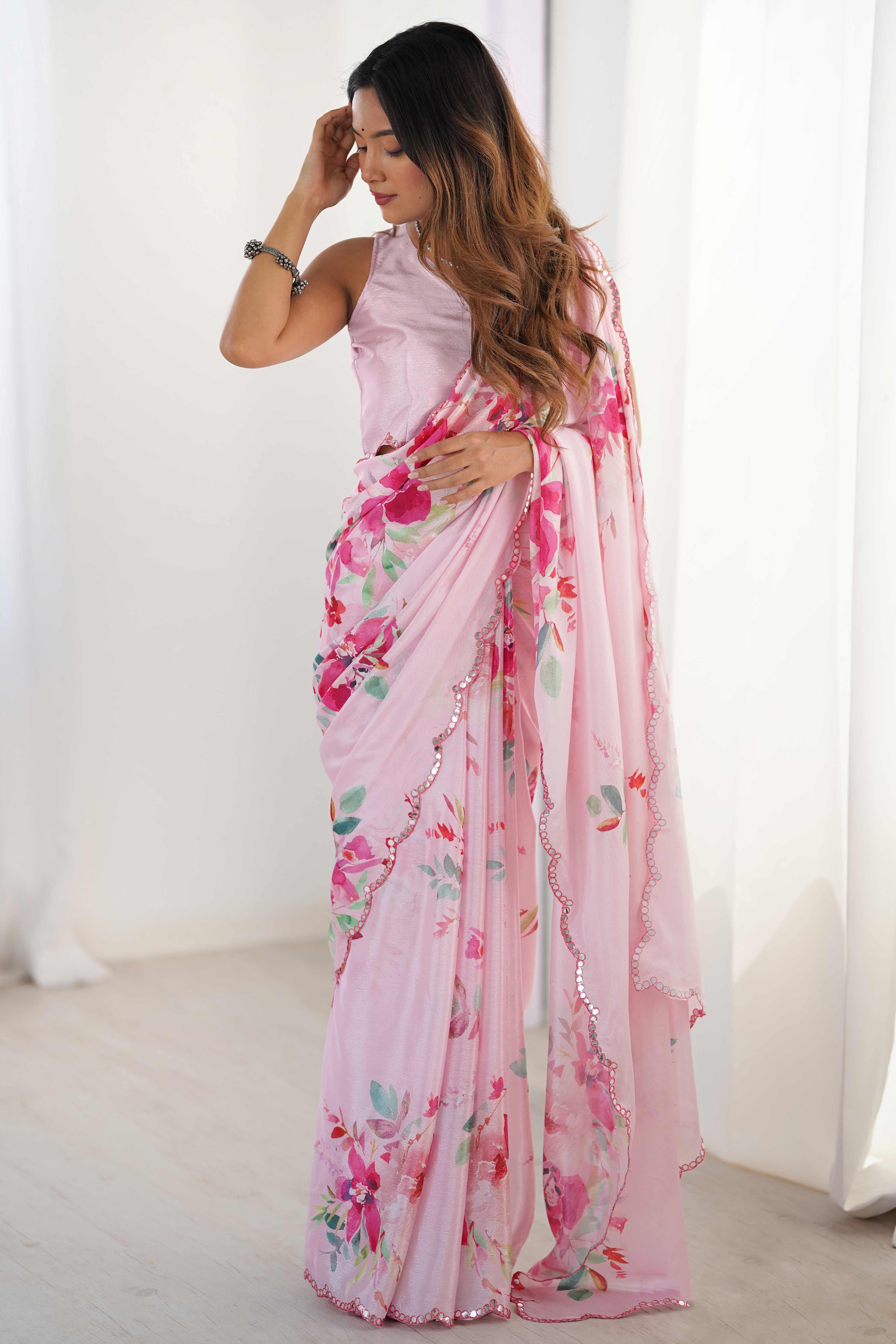 Pink Floral Printed Chinon Saree With Shimmering Mirror Detailing - Image 4