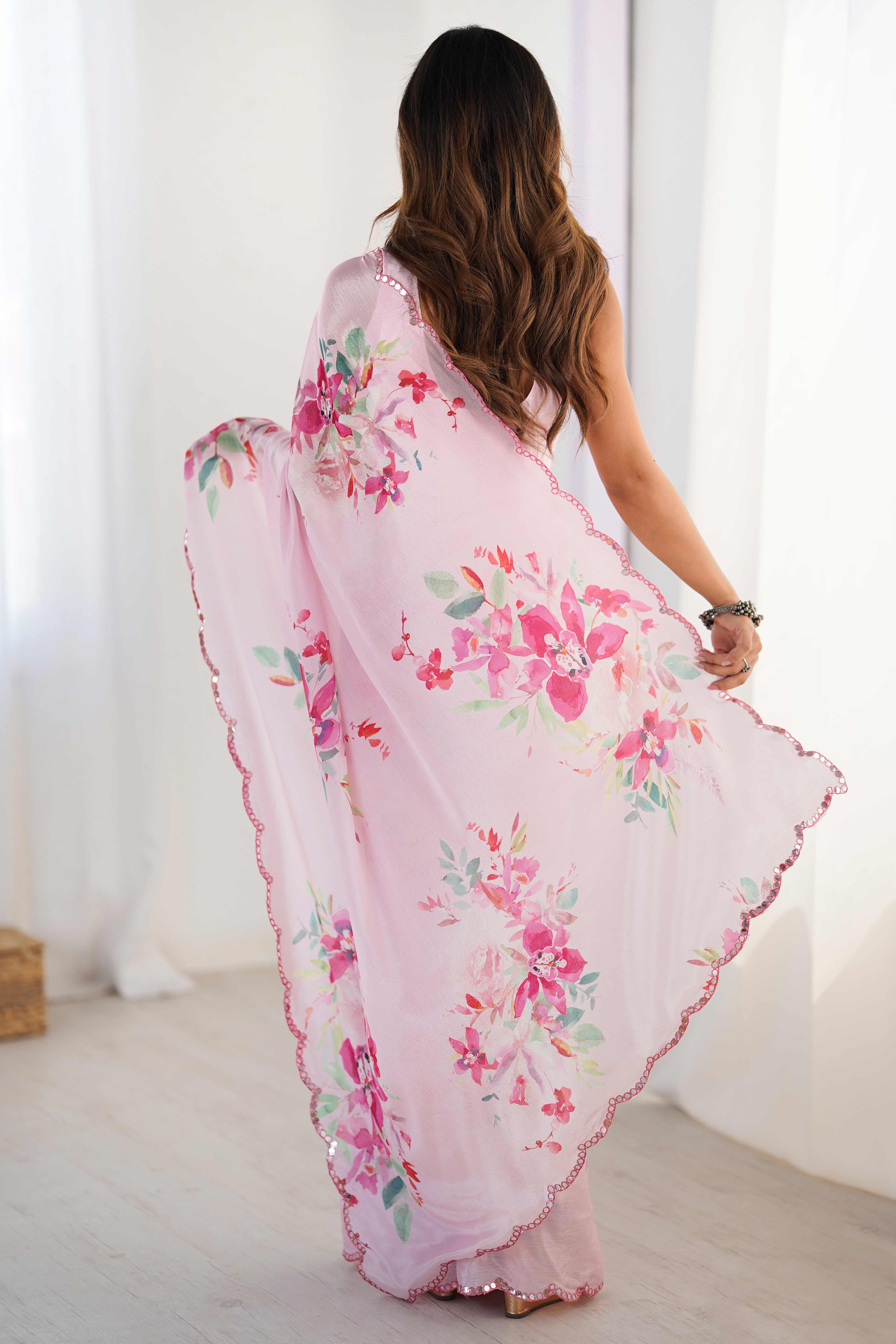 Pink Floral Printed Chinon Saree With Shimmering Mirror Detailing - Image 6