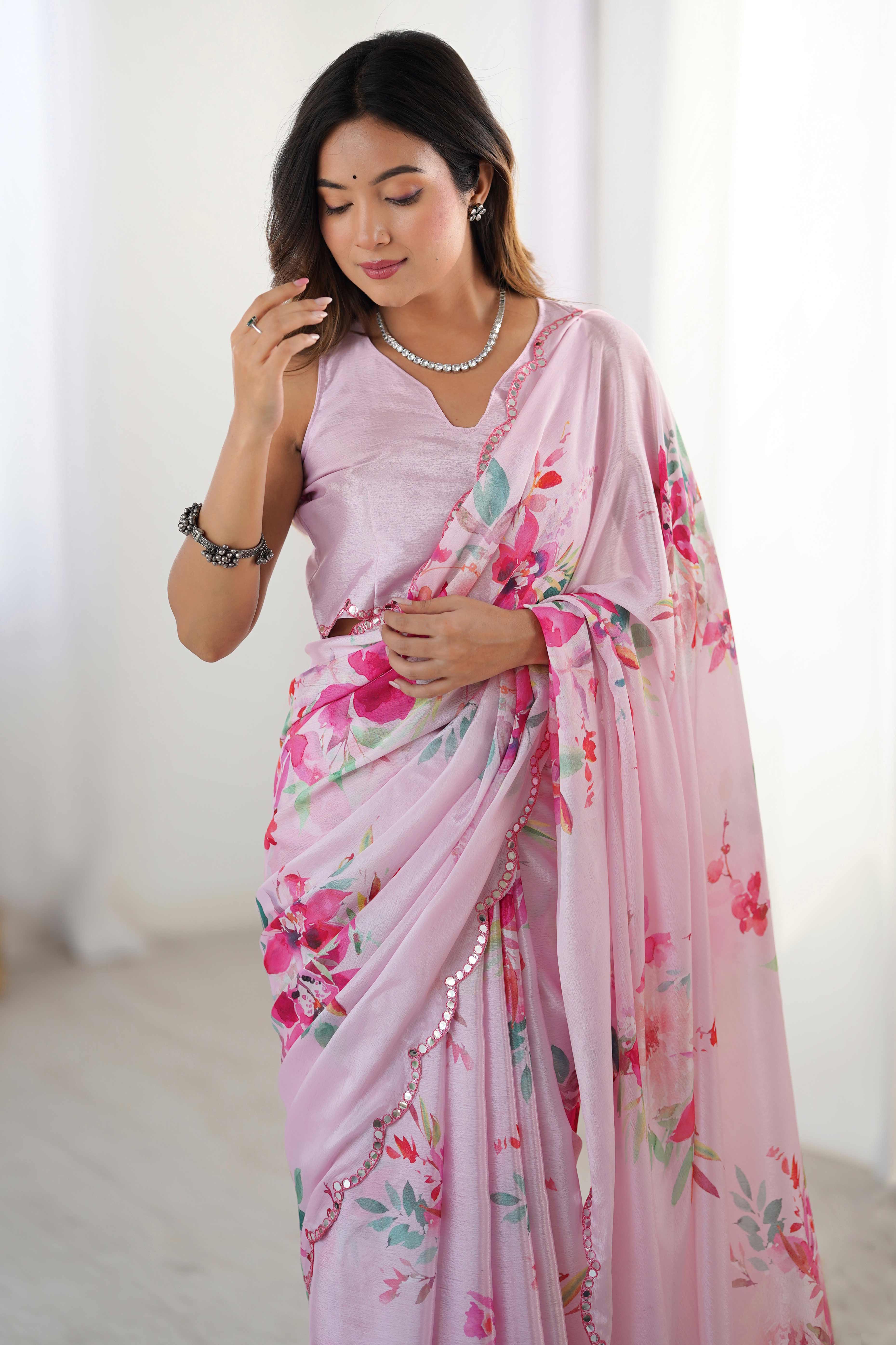 Pink Floral Printed Chinon Saree With Shimmering Mirror Detailing - Image 7