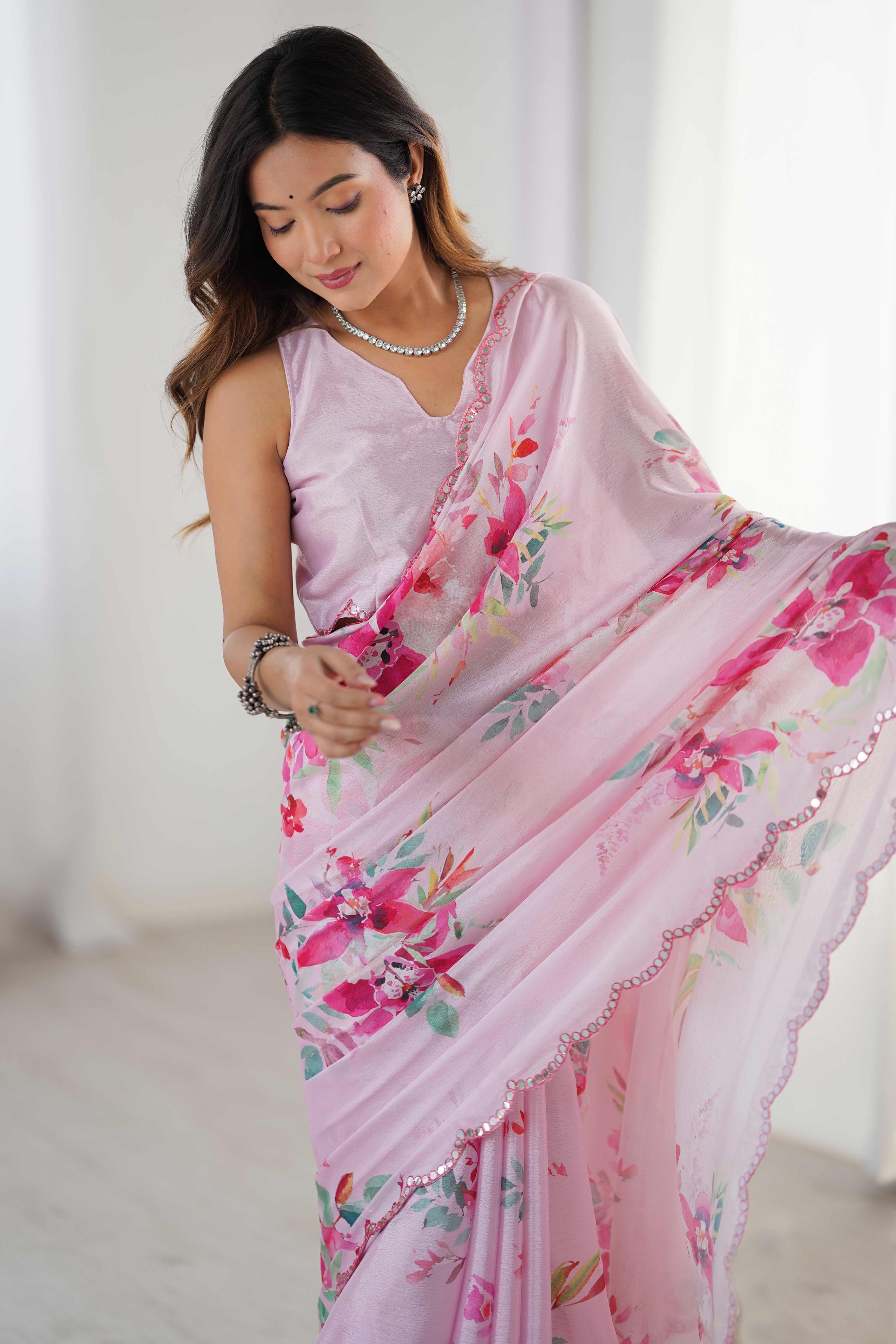Pink Floral Printed Chinon Saree With Shimmering Mirror Detailing - Image 8