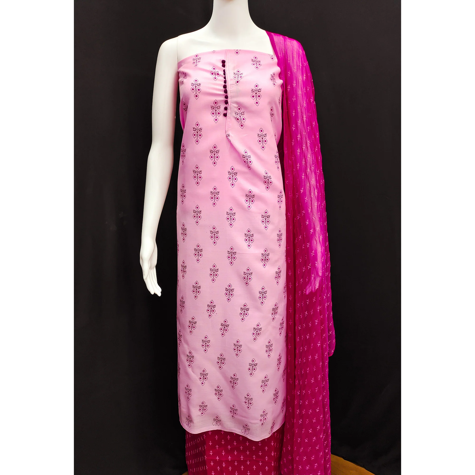 Pink Floral Printed Cotton Blend Dress Material - Image 5