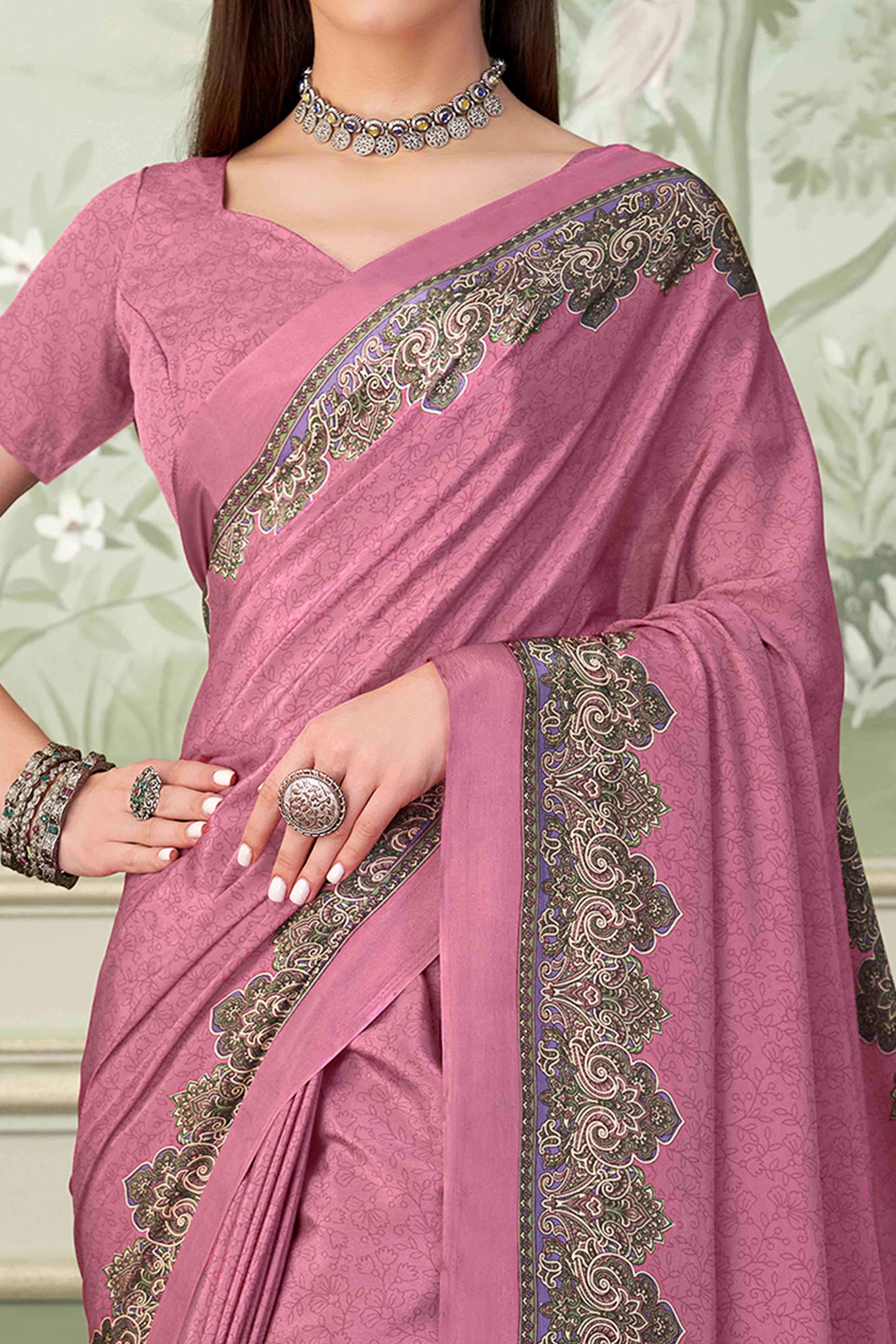 Pink Floral Printed Crepe Silk Saree - Image 2
