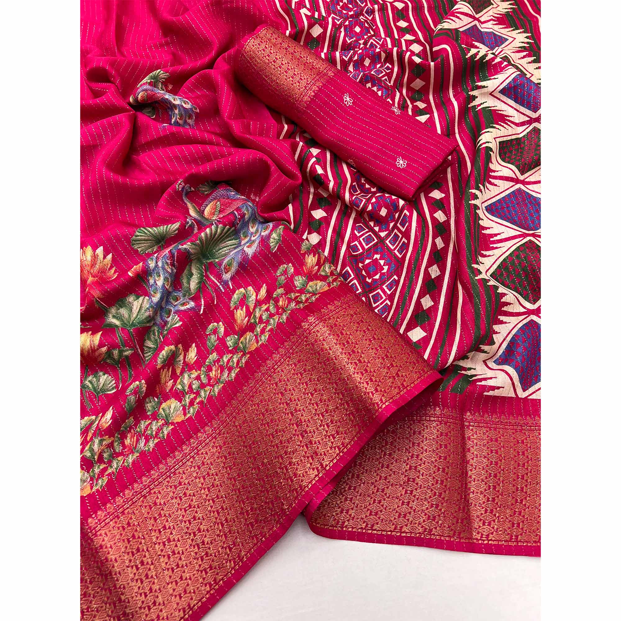 Pink Floral Printed Dola Silk Saree With Jacquard Border - Image 3