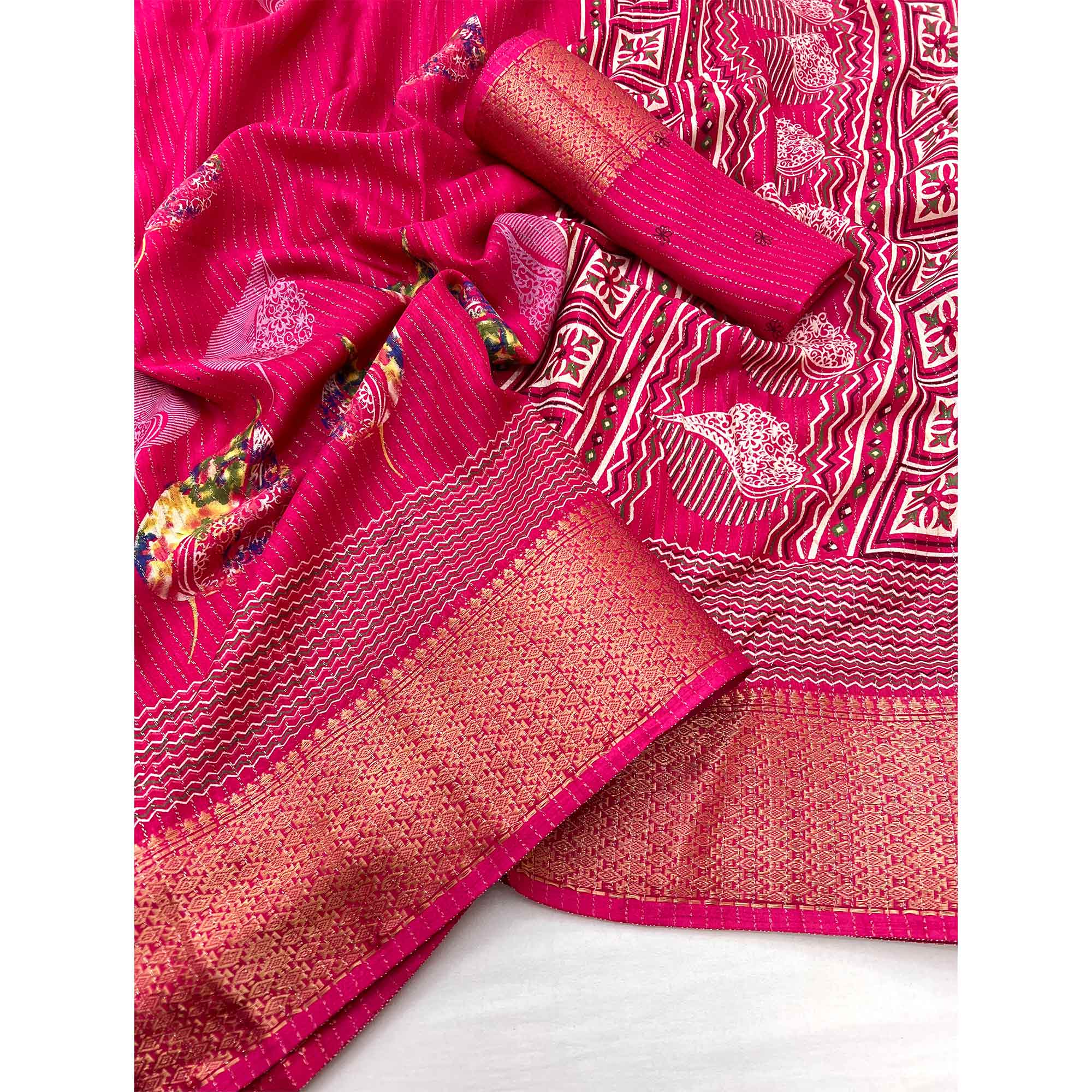 Pink Floral Printed Dola Silk Saree With Jacquard Border - Image 3