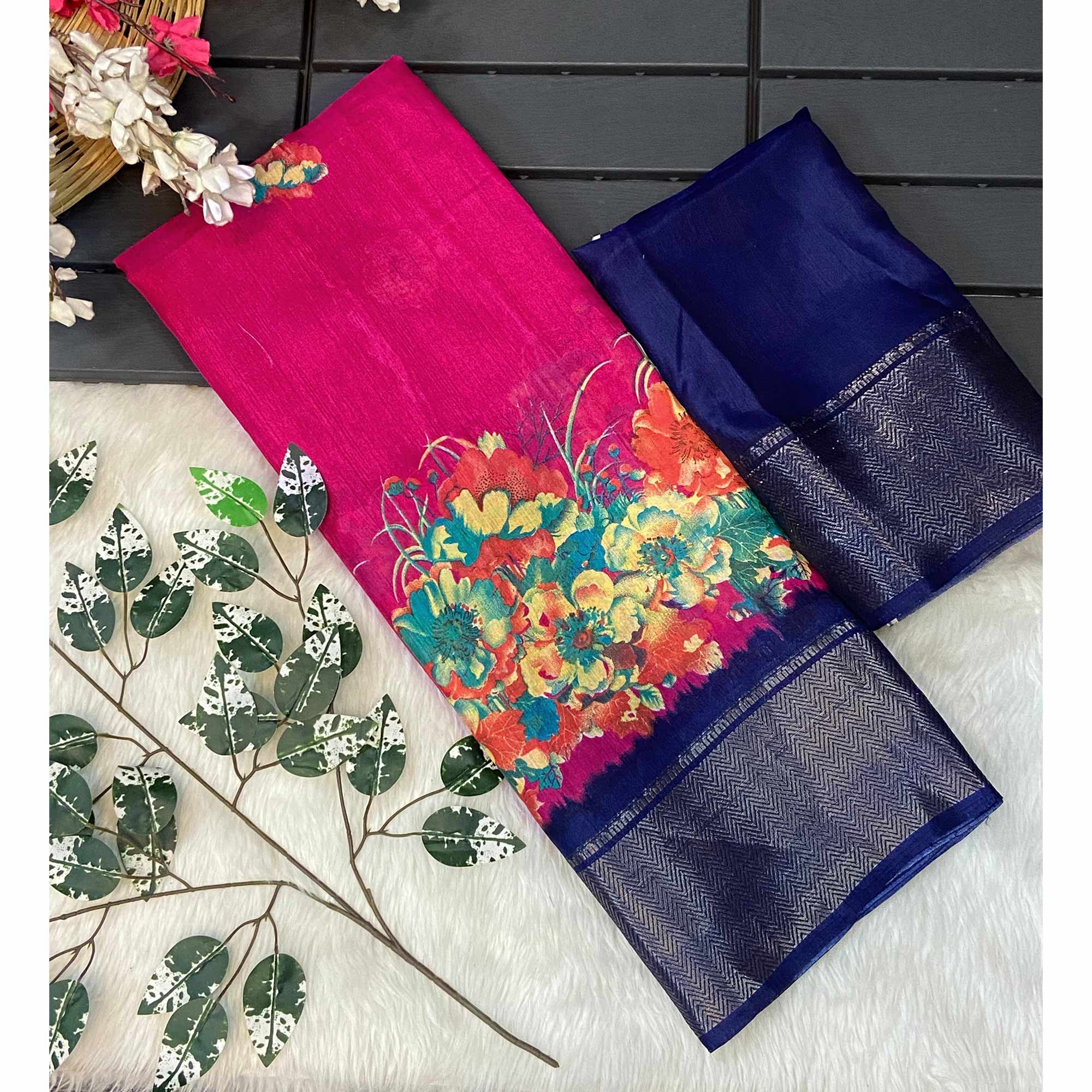 Pink Floral Printed Dola Silk Saree With Zari Border - Image 3