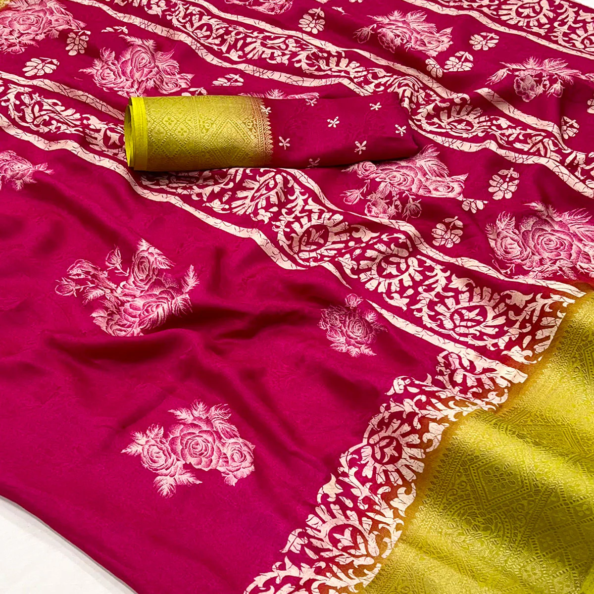 Pink Floral Printed Georgette Saree With Fancy Jacquard Zari Border - Image 2