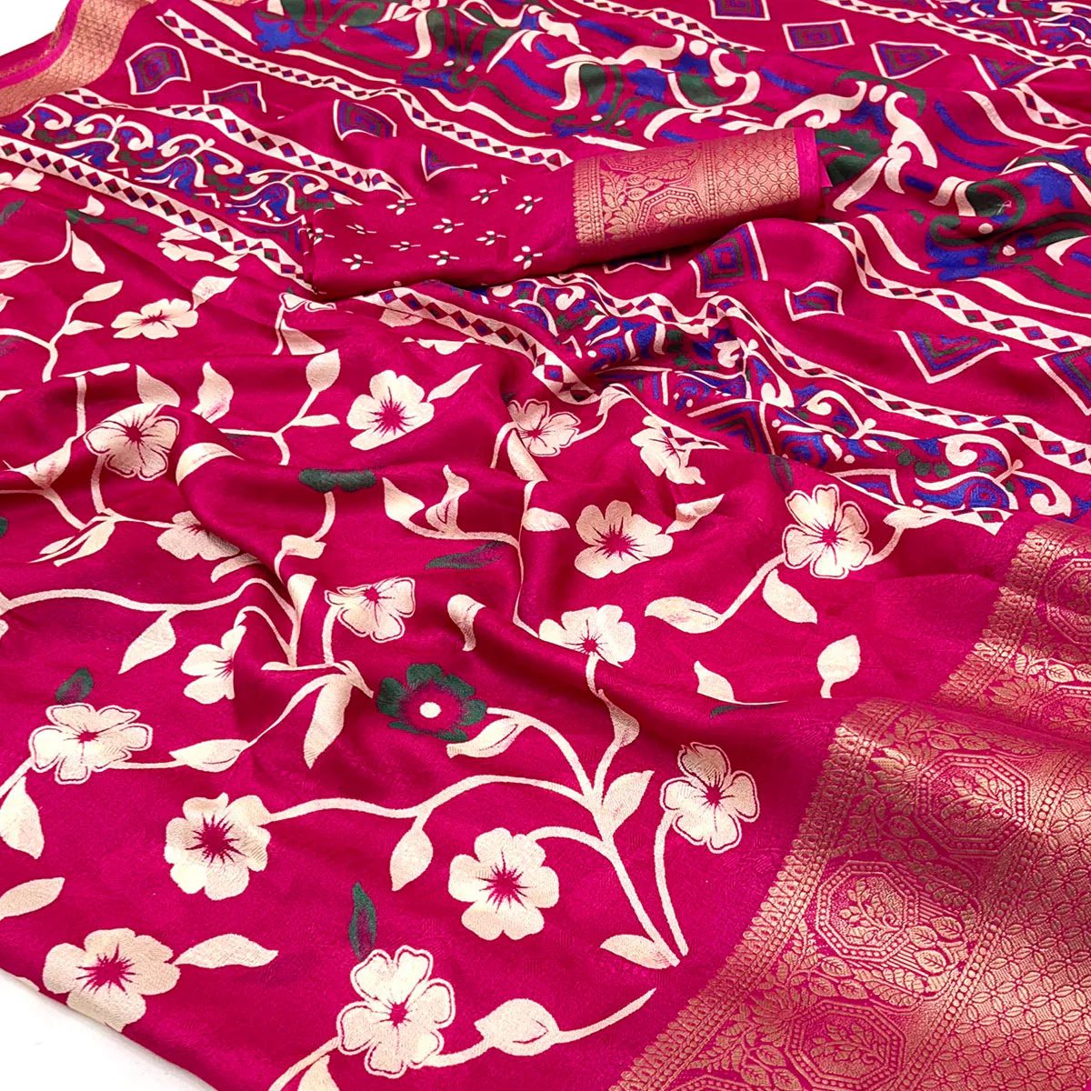 Pink Floral Printed Georgette Saree With Woven Border - Image 2