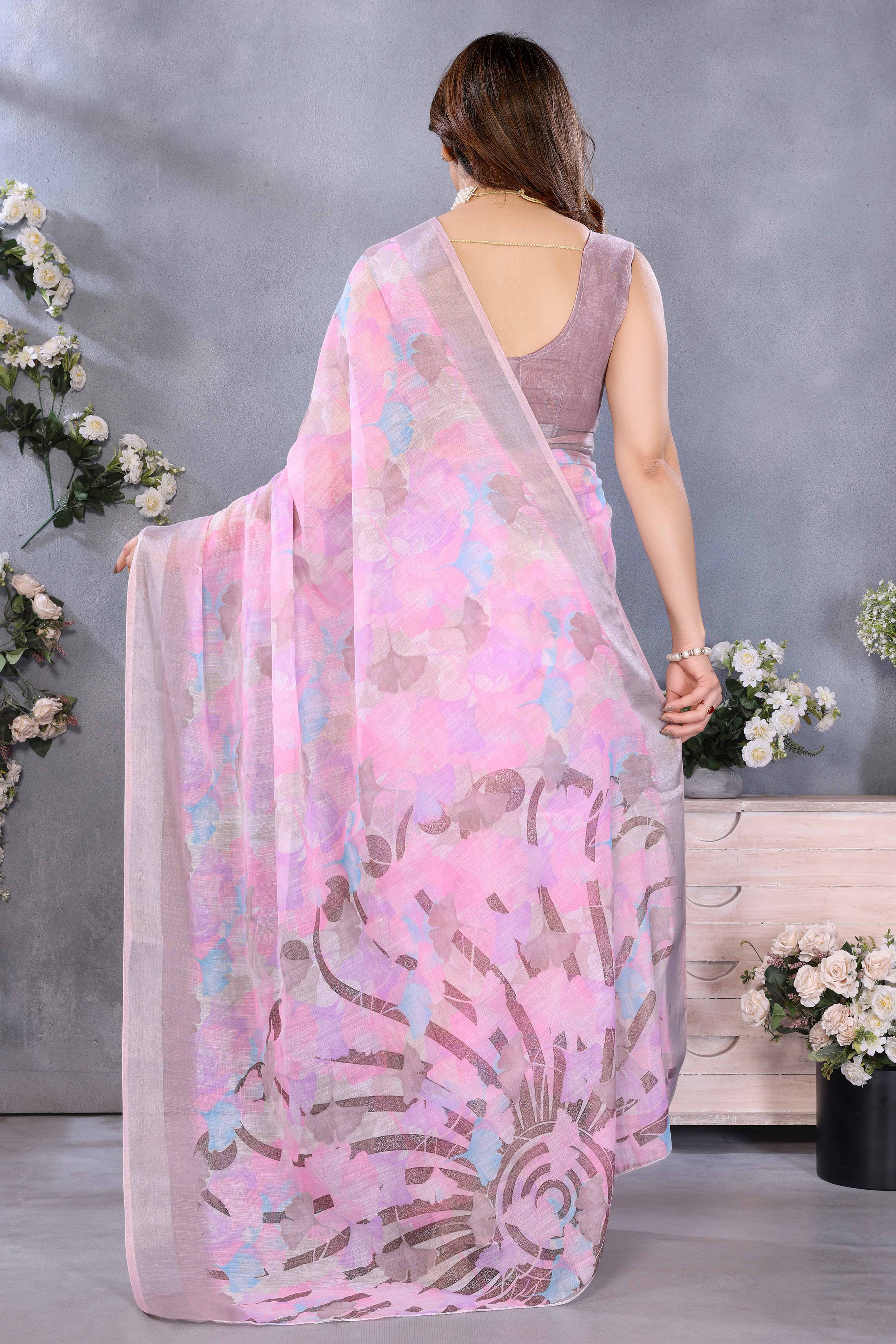 Pink Floral Printed Linen Saree Accented With A Classic Patta Border - Image 5