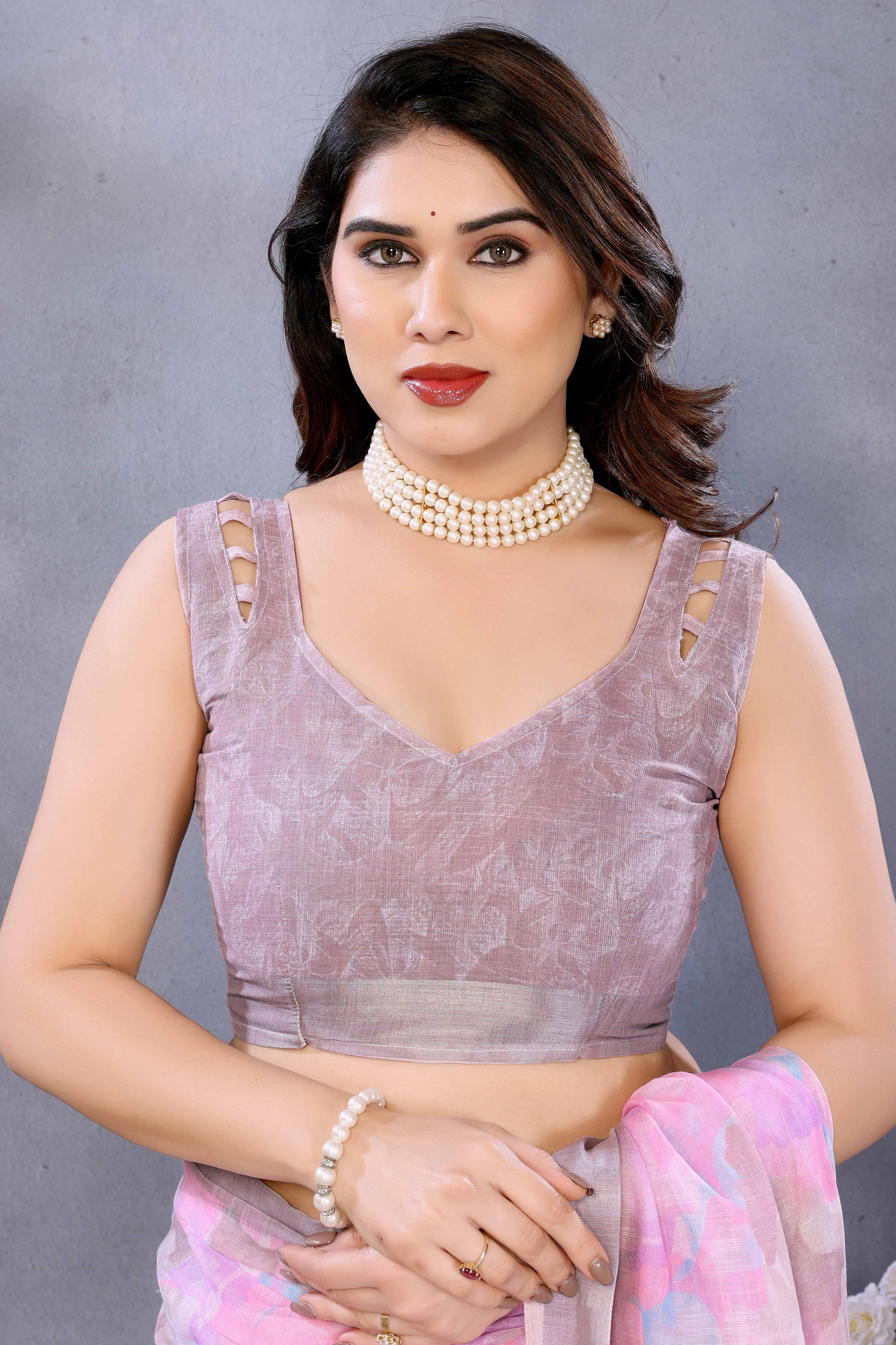 Pink Floral Printed Linen Saree Accented With A Classic Patta Border - Image 7
