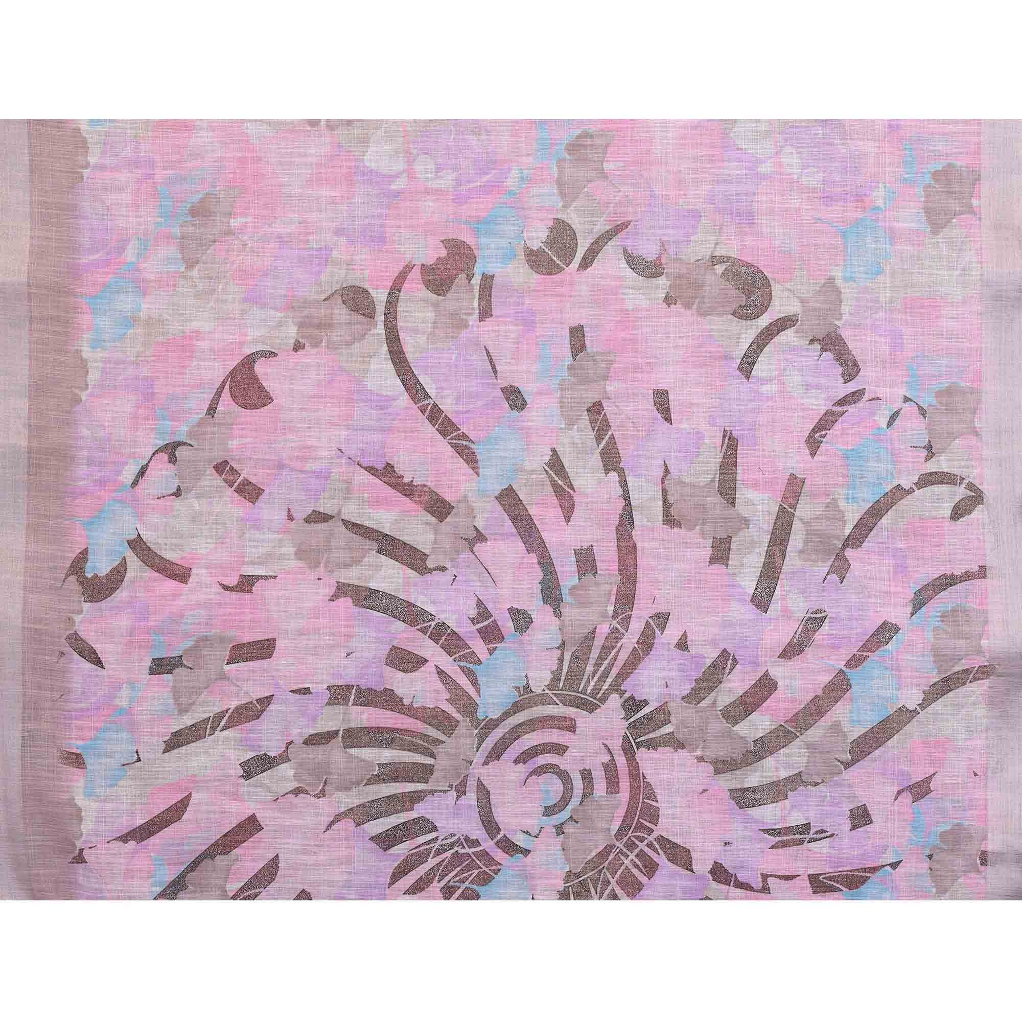 Pink Floral Printed Linen Saree Accented With A Classic Patta Border - Image 8