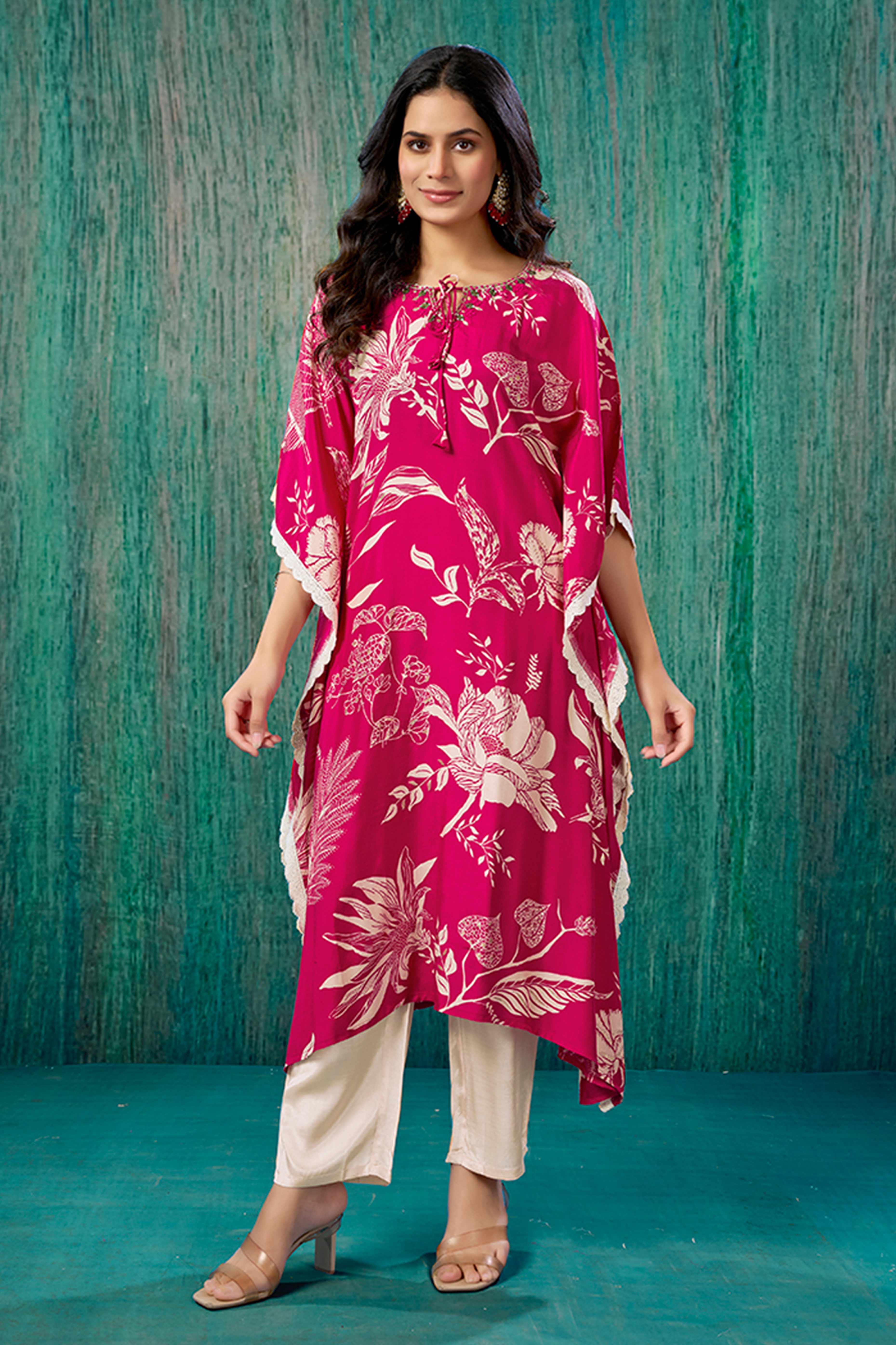 Pink Floral Printed Muslin Kaftan Top Bottom Set - Image 3