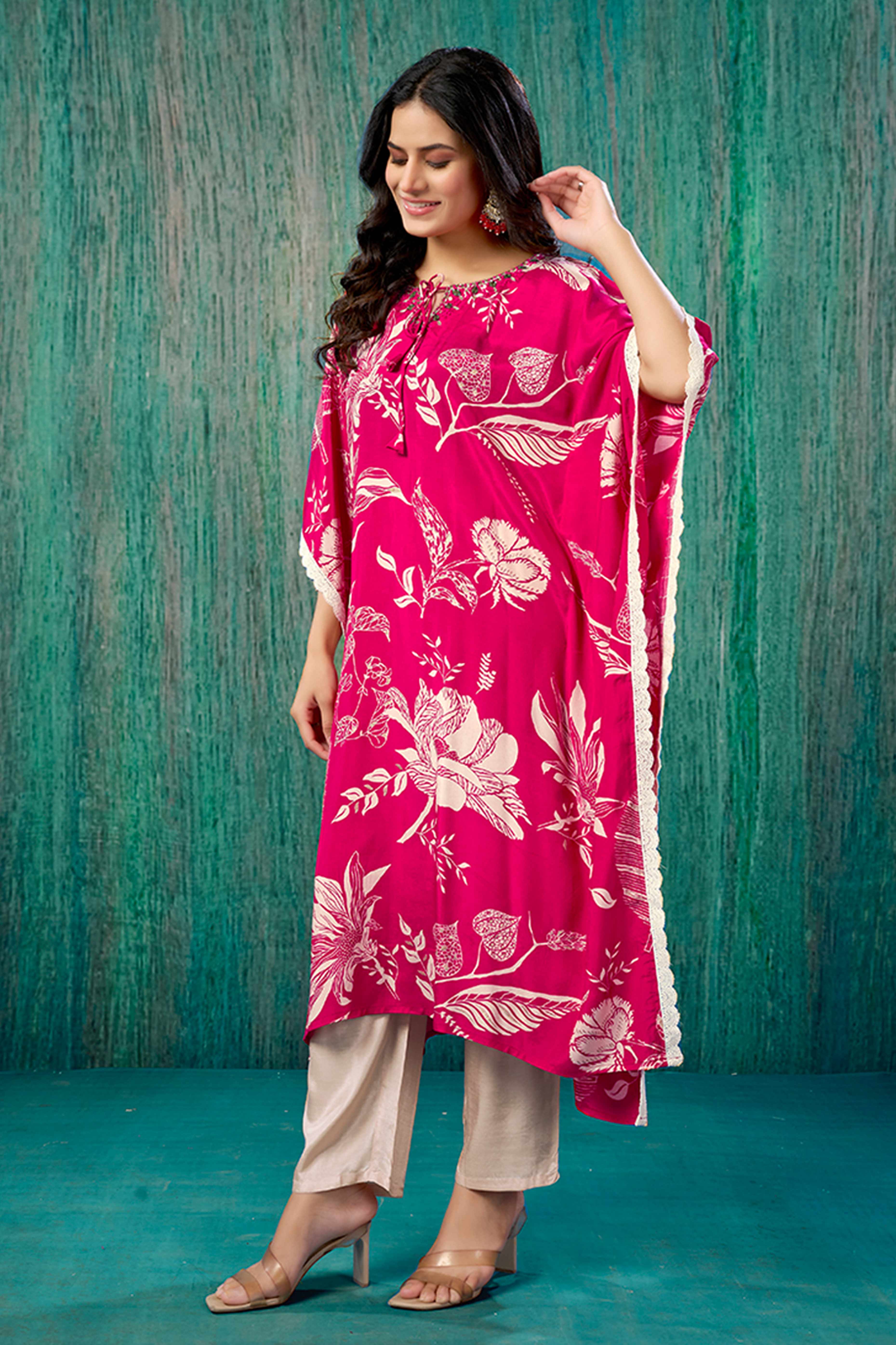 Pink Floral Printed Muslin Kaftan Top Bottom Set - Image 4