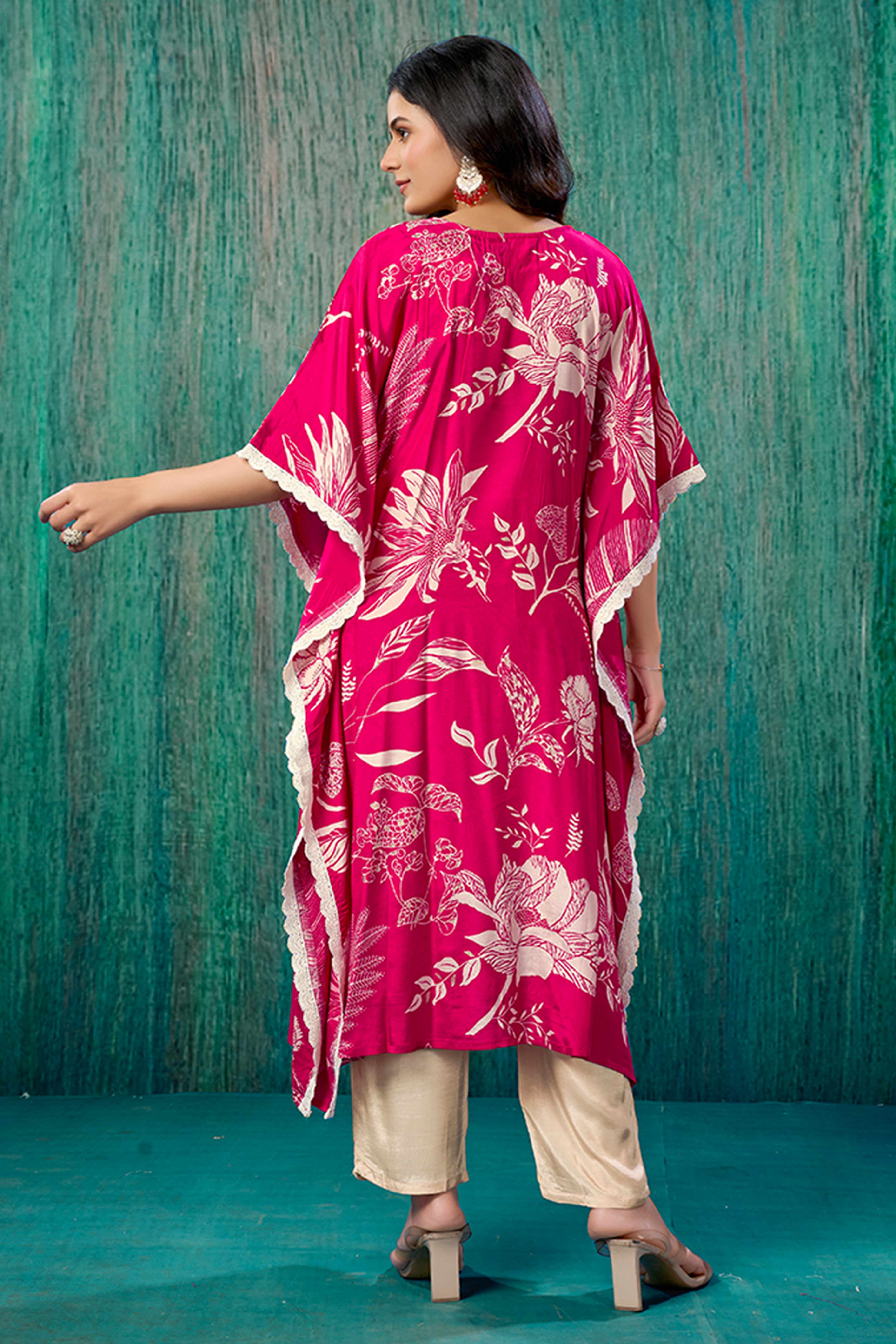 Pink Floral Printed Muslin Kaftan Top Bottom Set - Image 5