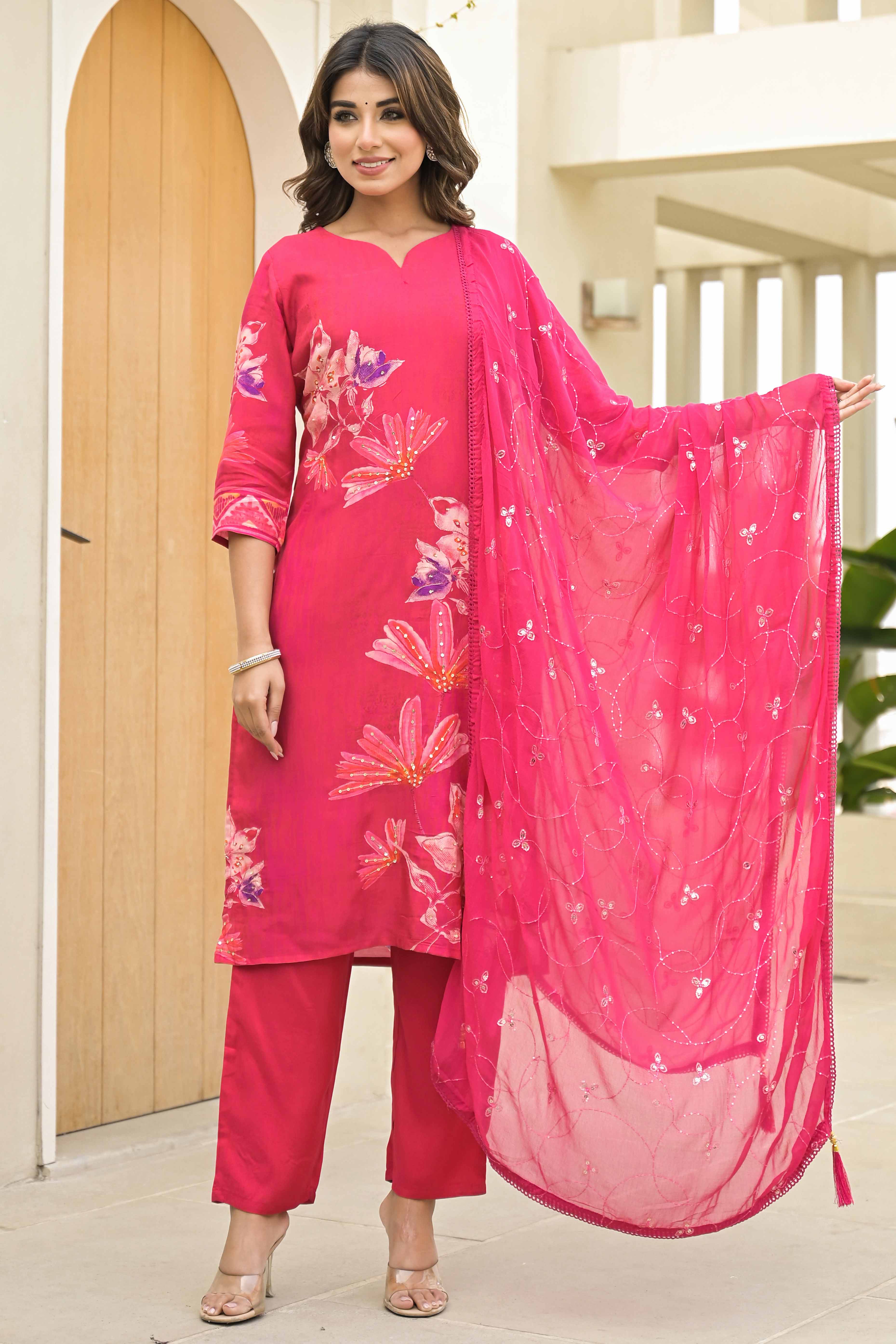 Pink Floral Printed Muslin Salwar Suit With Handwork - Image 5