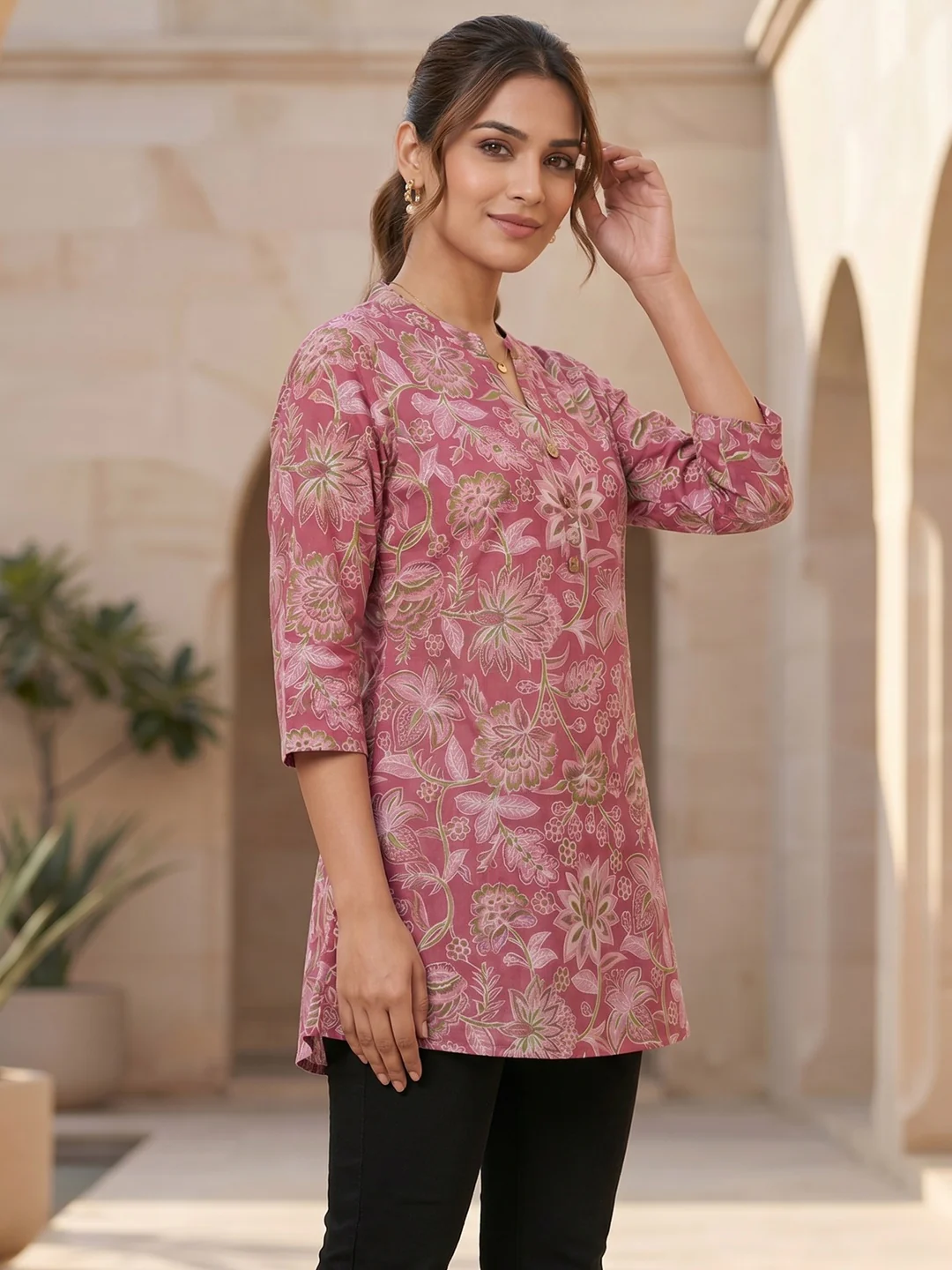 Pink Floral Printed Pure Cotton A-Line Casual Top - Image 4