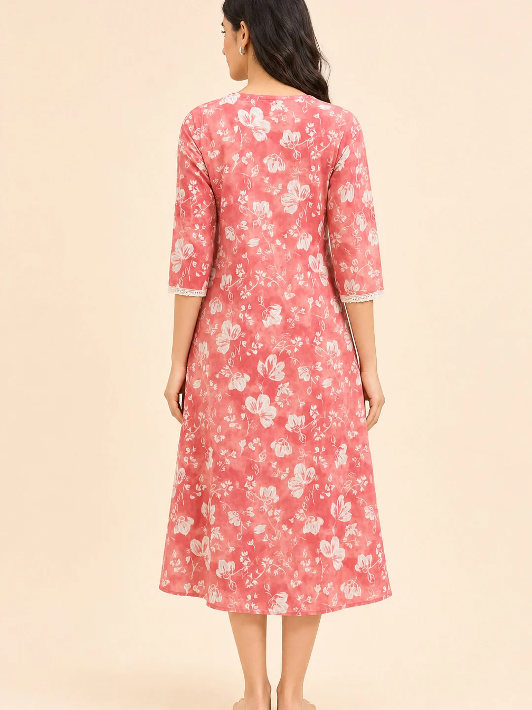 Pink Floral Printed Pure Cotton A-Line Kurti - Image 3