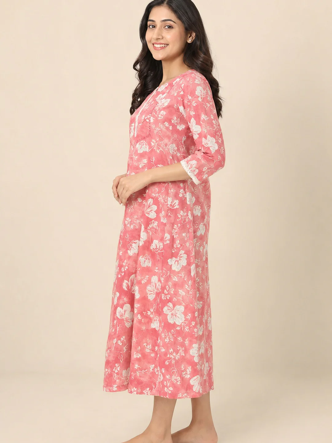 Pink Floral Printed Pure Cotton A-Line Kurti - Image 4