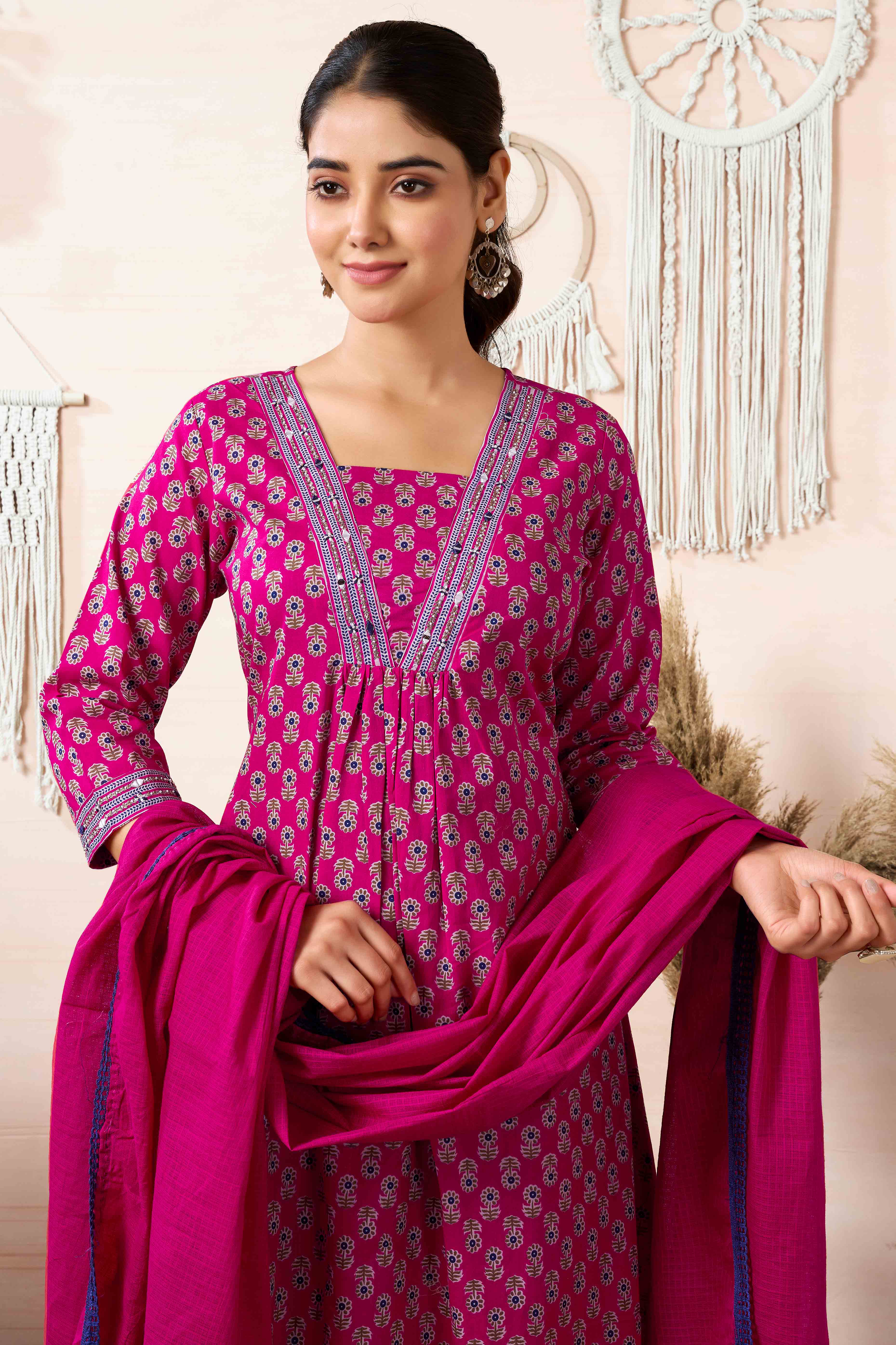 Pink Floral Printed Pure Cotton A-Line Salwar Suit - Image 6