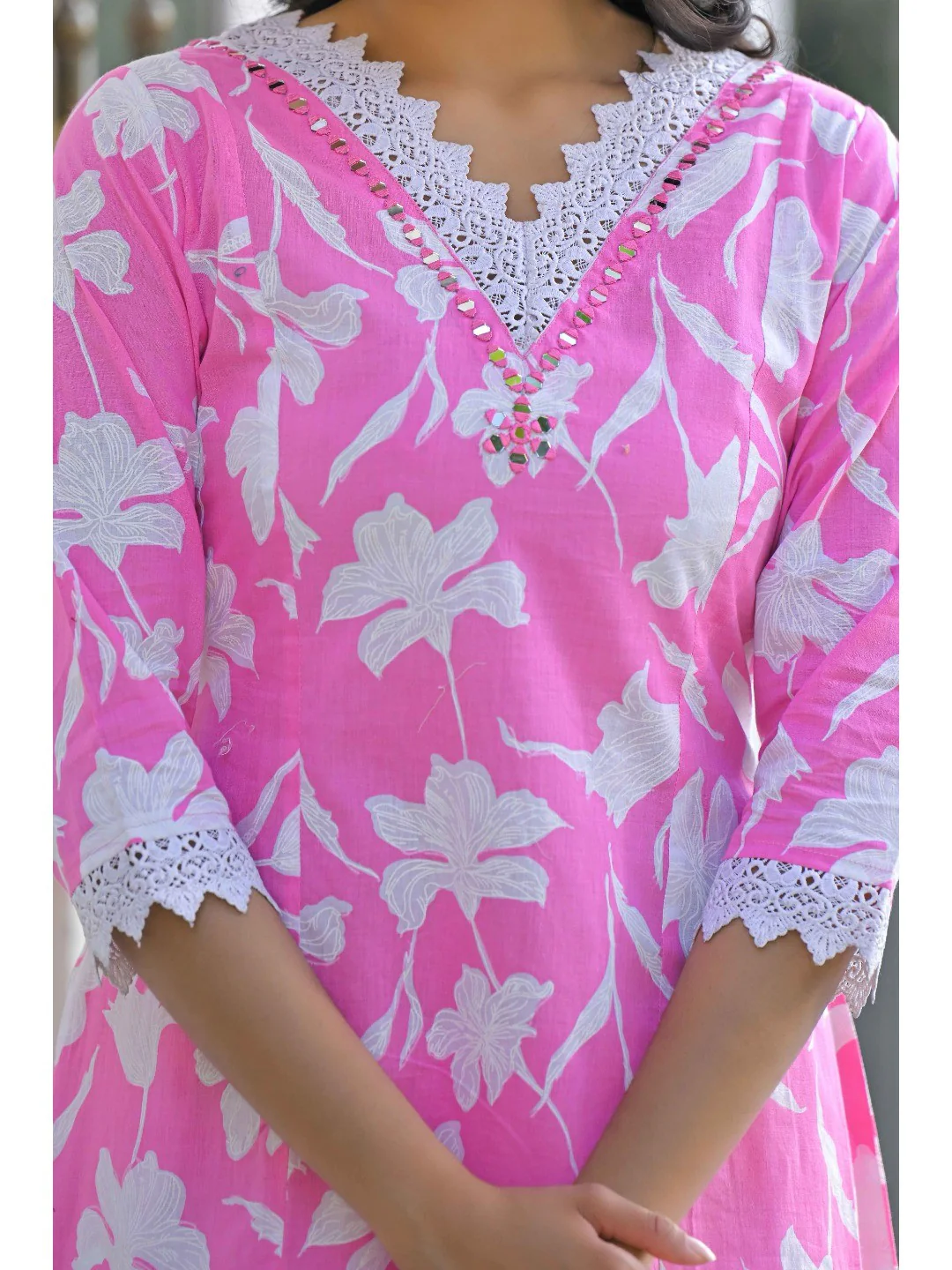 Pink Floral Printed Pure Cotton A-Line Top Bottom Set - Image 7