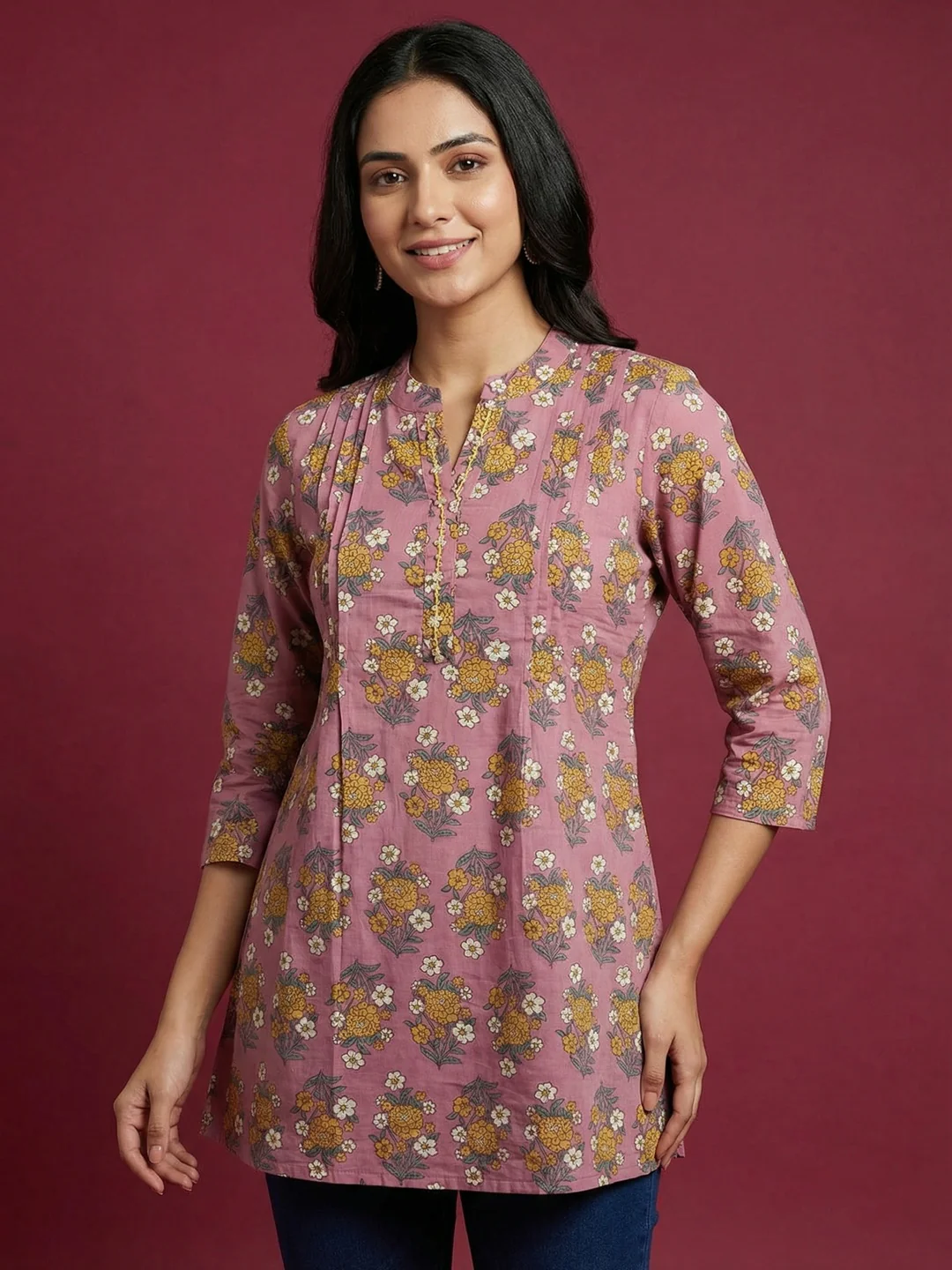 Pink Floral Printed Pure Cotton A-Line Top with Breathable Comfortable Fabric