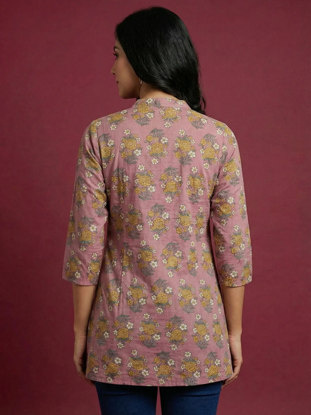 Pink Floral Printed Pure Cotton A-Line Top with Breathable Comfortable Fabric - Image 3