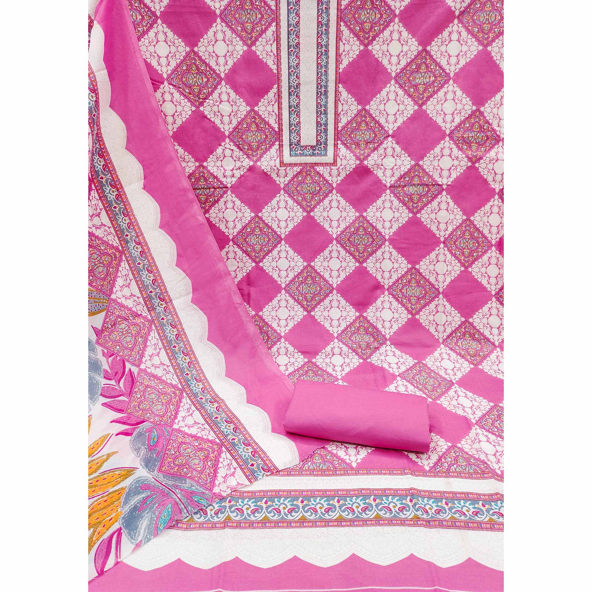 Pink Floral Printed Pure Cotton Dress Material - Image 3