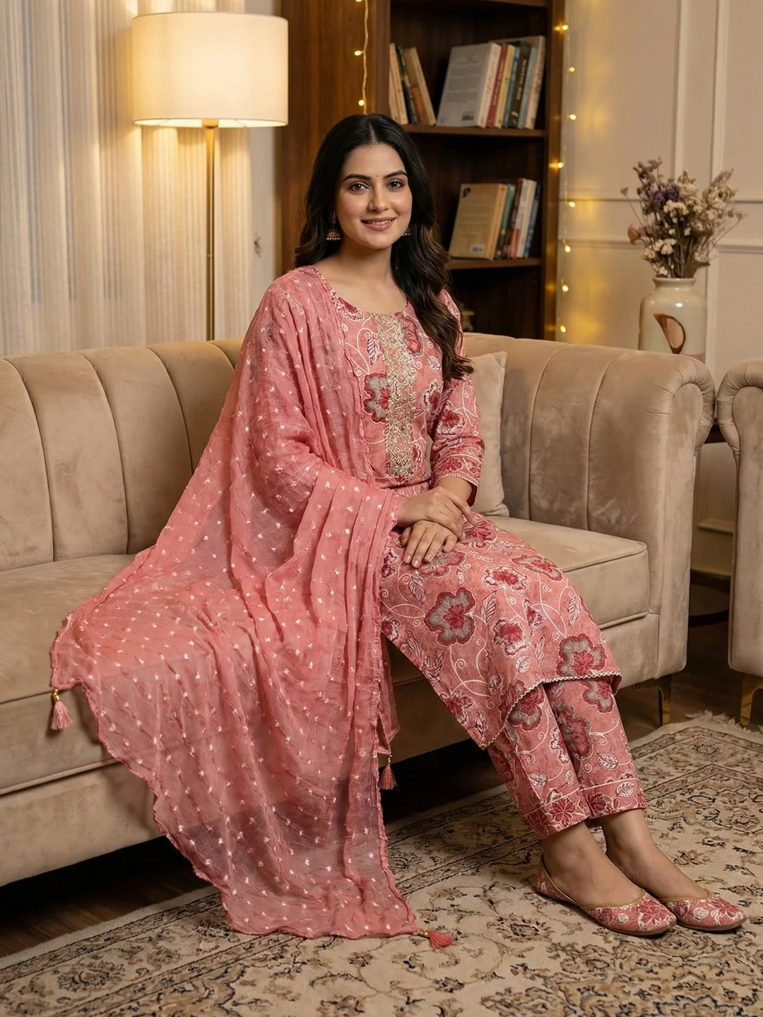Pink Floral Printed Pure Cotton Dress Material With Hand Embroidered Neckline