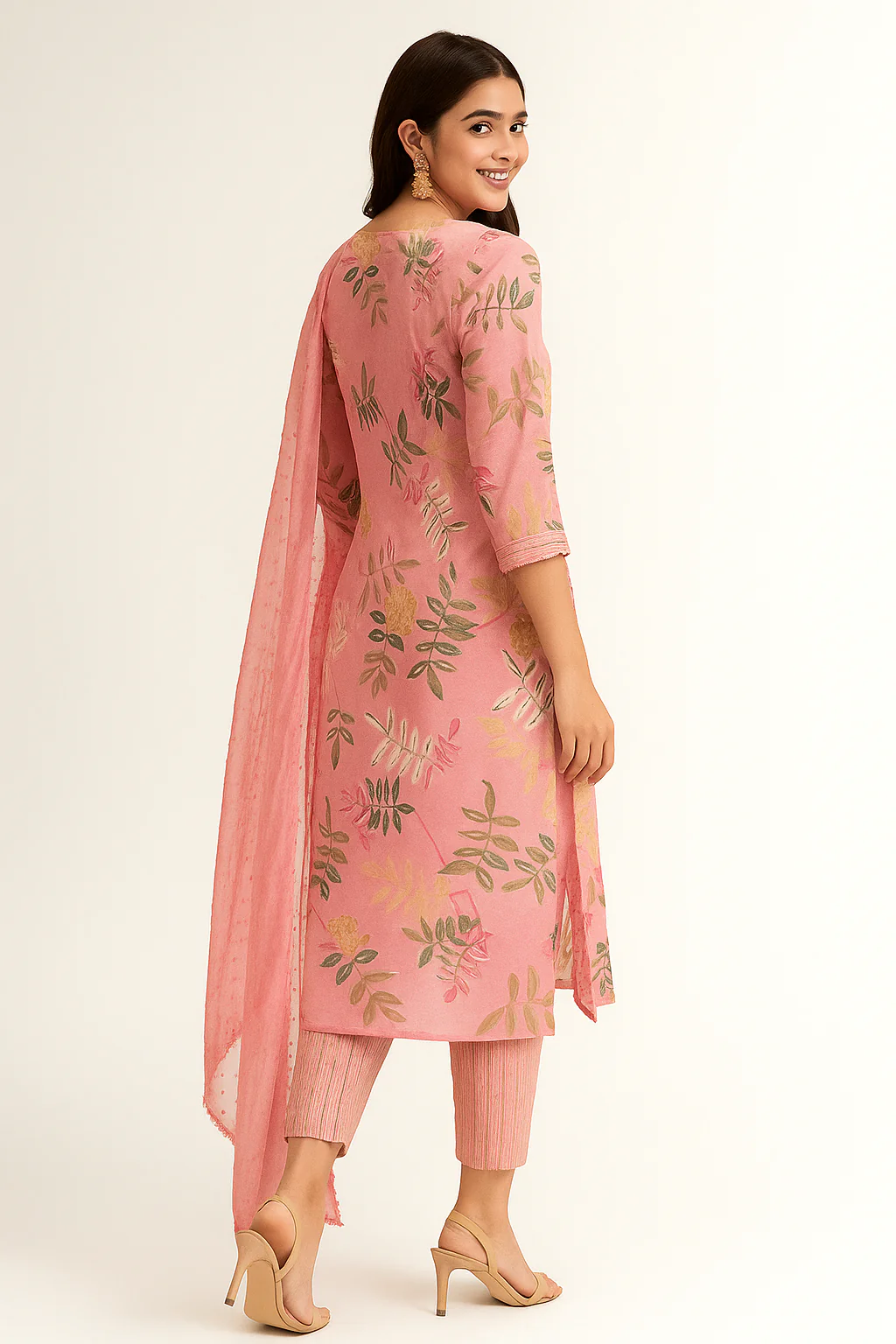 Pink Floral Printed Pure Cotton Straight Salwar Suit with Handwork Neckline - Image 3