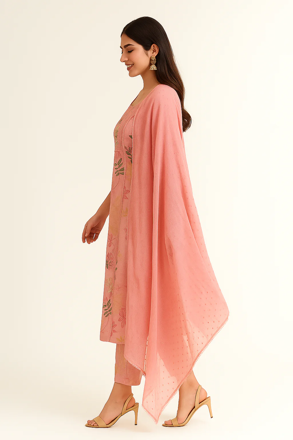Pink Floral Printed Pure Cotton Straight Salwar Suit with Handwork Neckline - Image 4