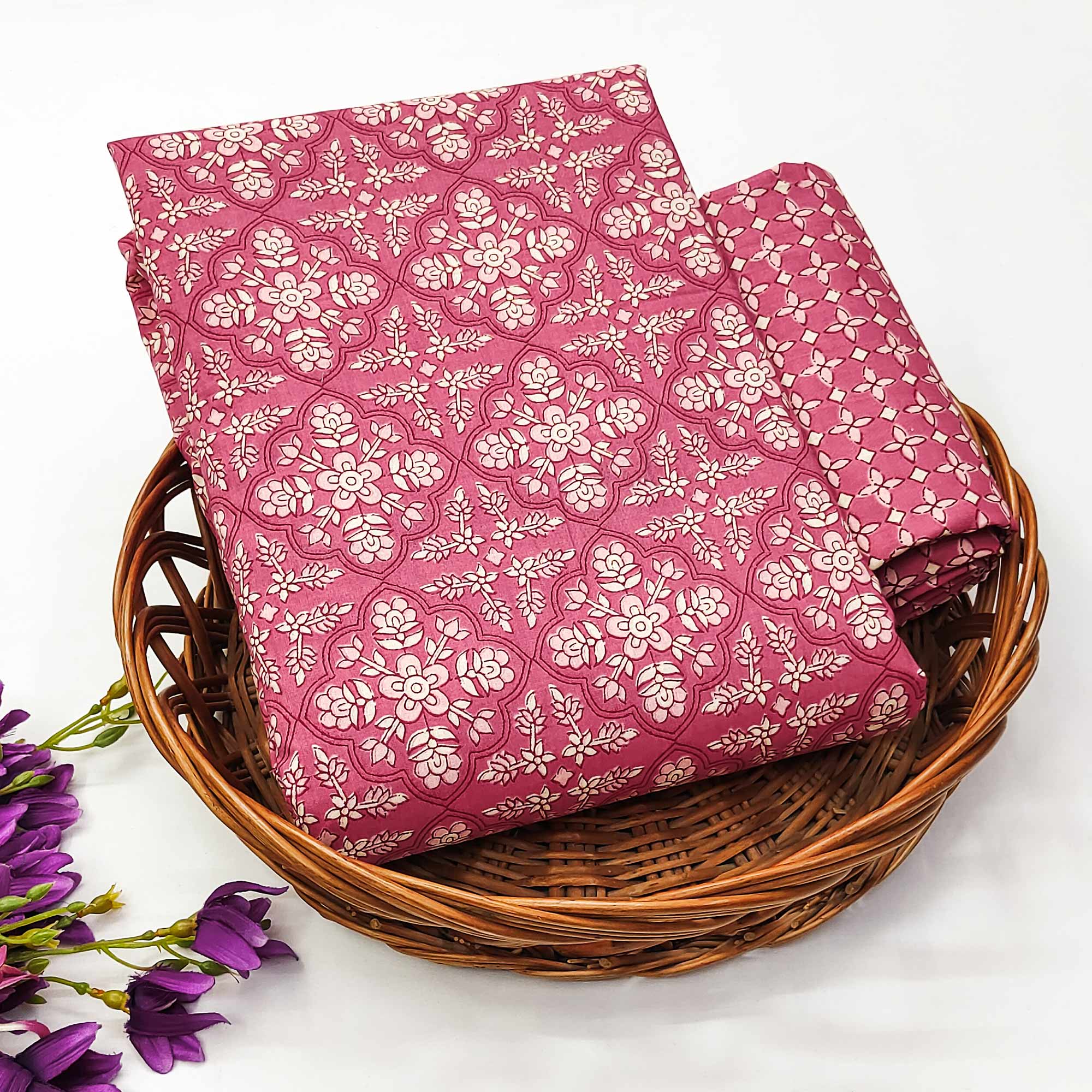 Pink Floral Printed Pure Cotton Two Tops Dress Material - Image 3