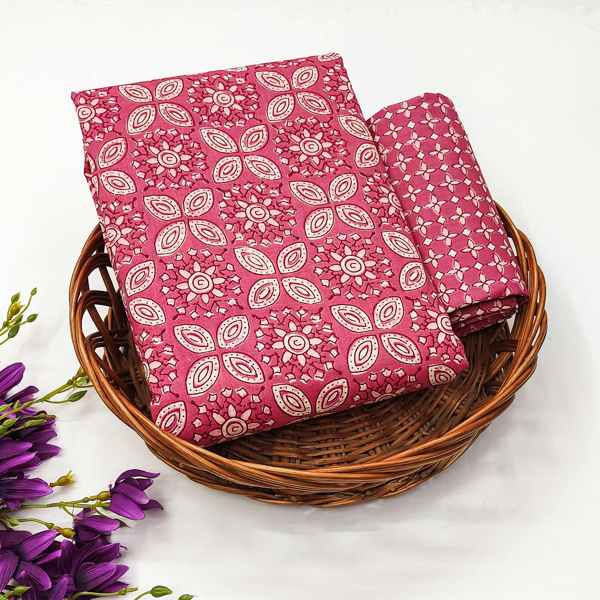Pink Floral Printed Pure Cotton Two Tops Dress Material - Image 5