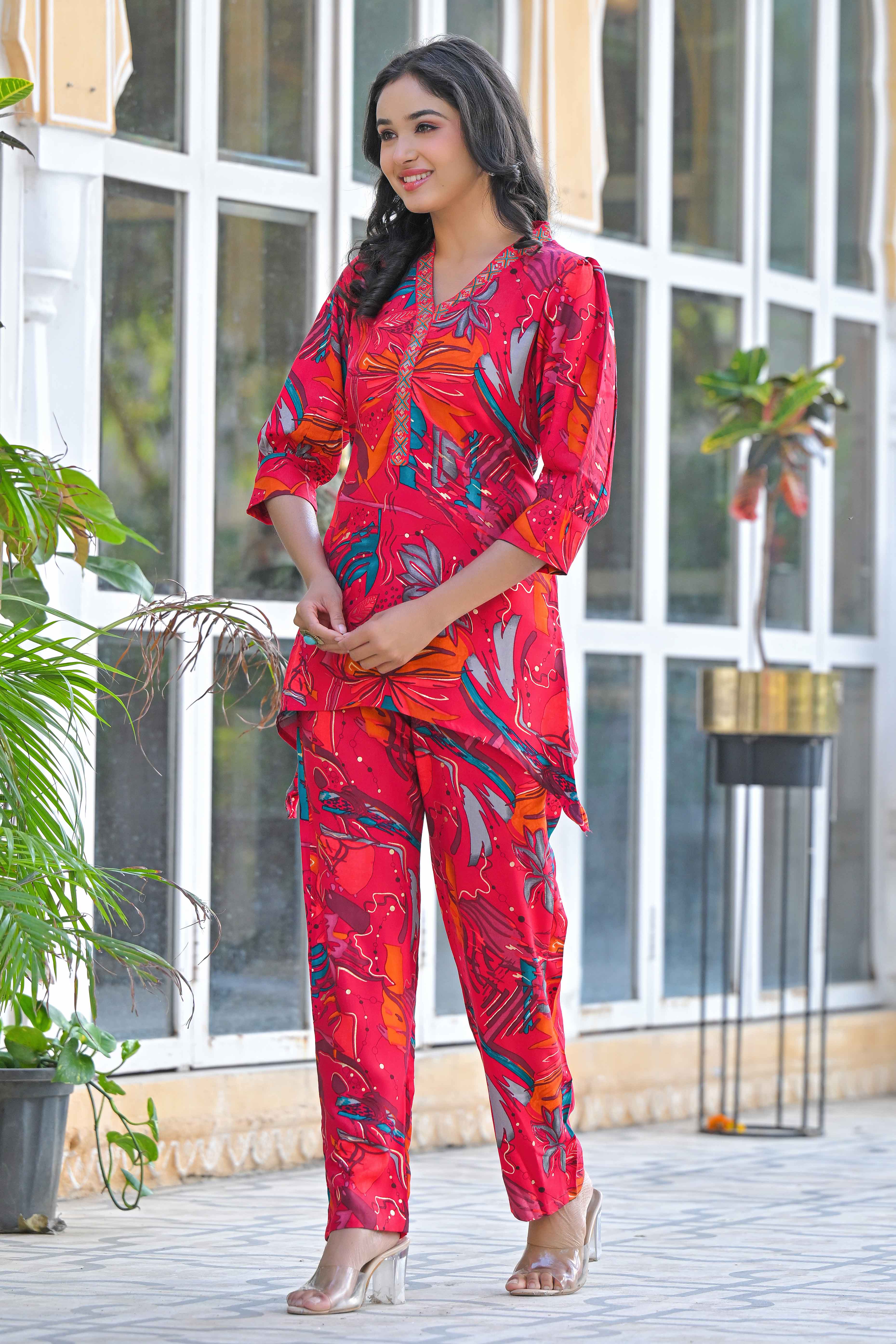 Pink Floral Printed Rayon A-Line Co-Ord Set - Image 4