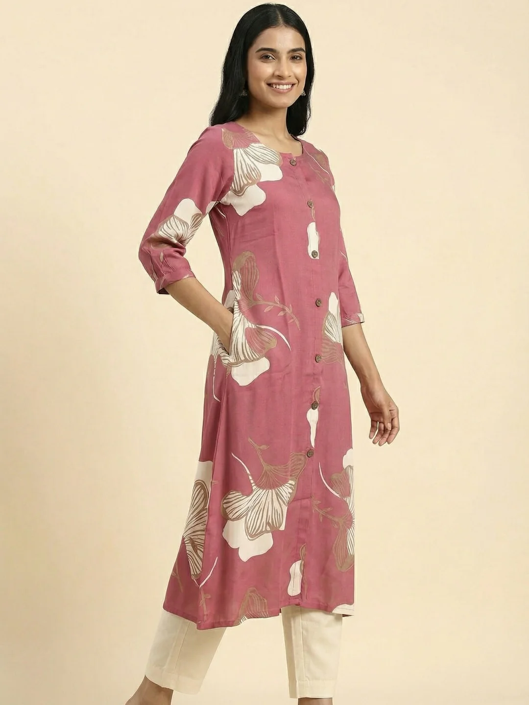 Pink Floral Printed Rayon A-Line Kurti with Button Detail - Image 3