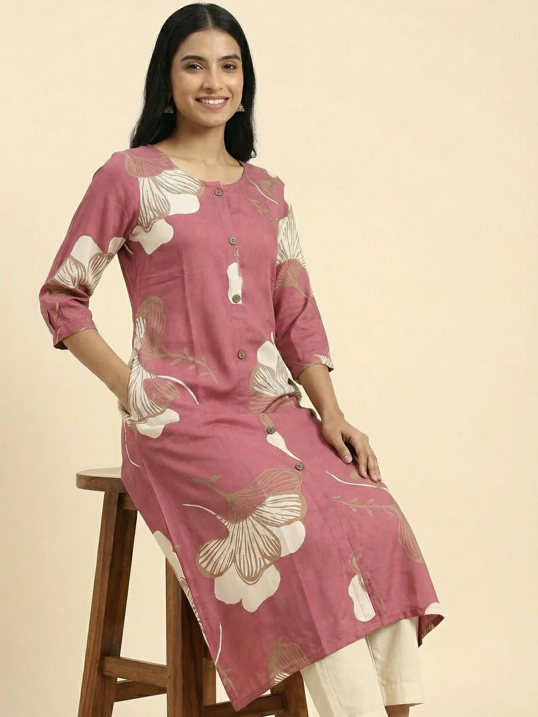 Pink Floral Printed Rayon A-Line Kurti with Button Detail - Image 4