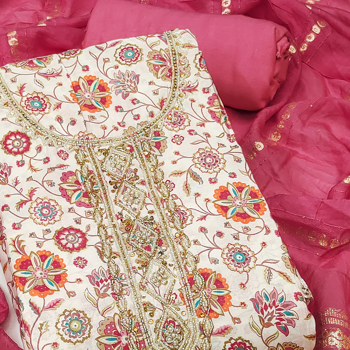 Pink Floral Printed Roman Cotton Silk Dress Material With Intricate Moti & Sequins Handwork - Image 2