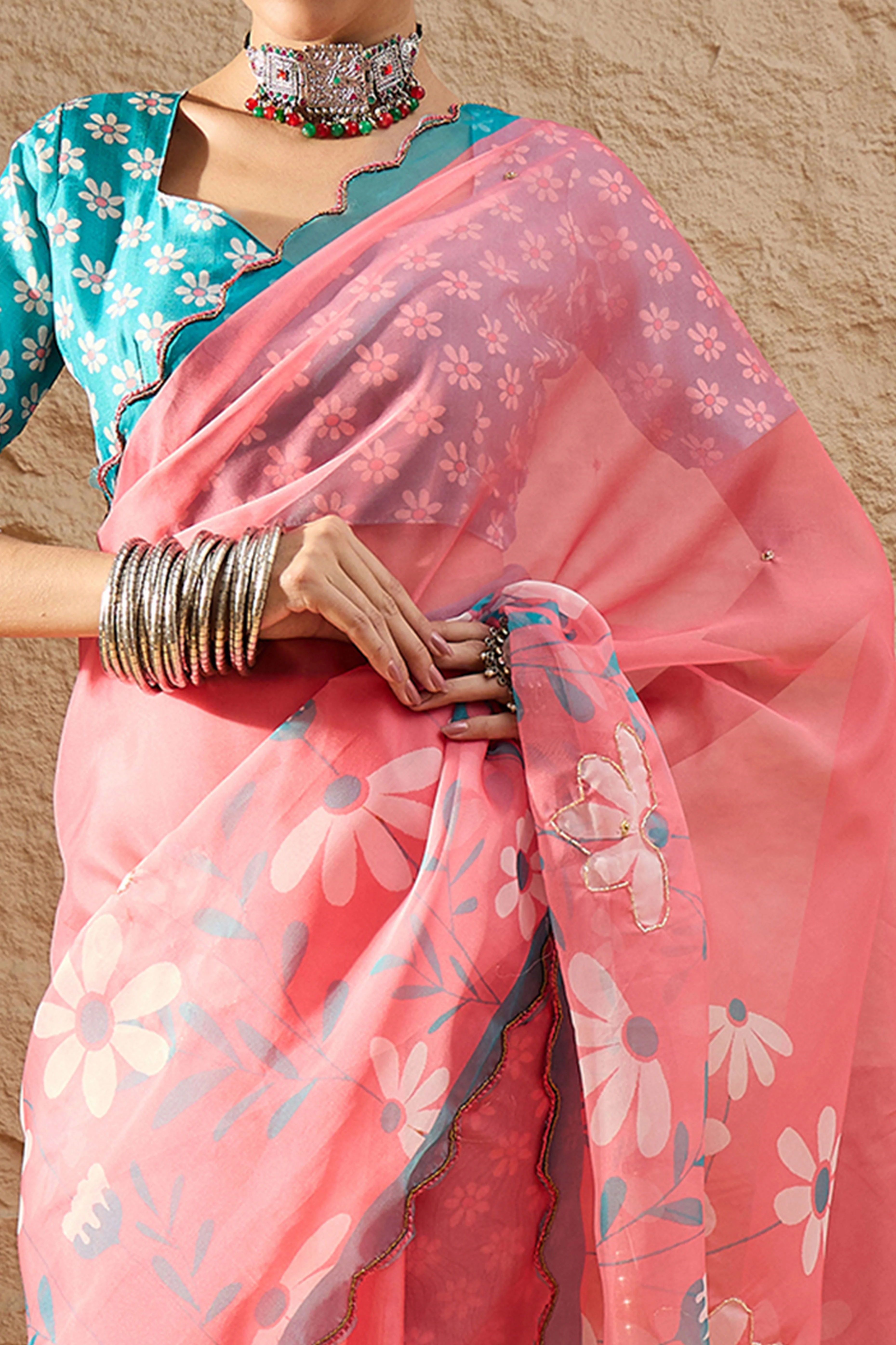 Pink Floral Printed Saree in Sheer Organza Blend Fabric with Handcrafted Beads Work - Image 2