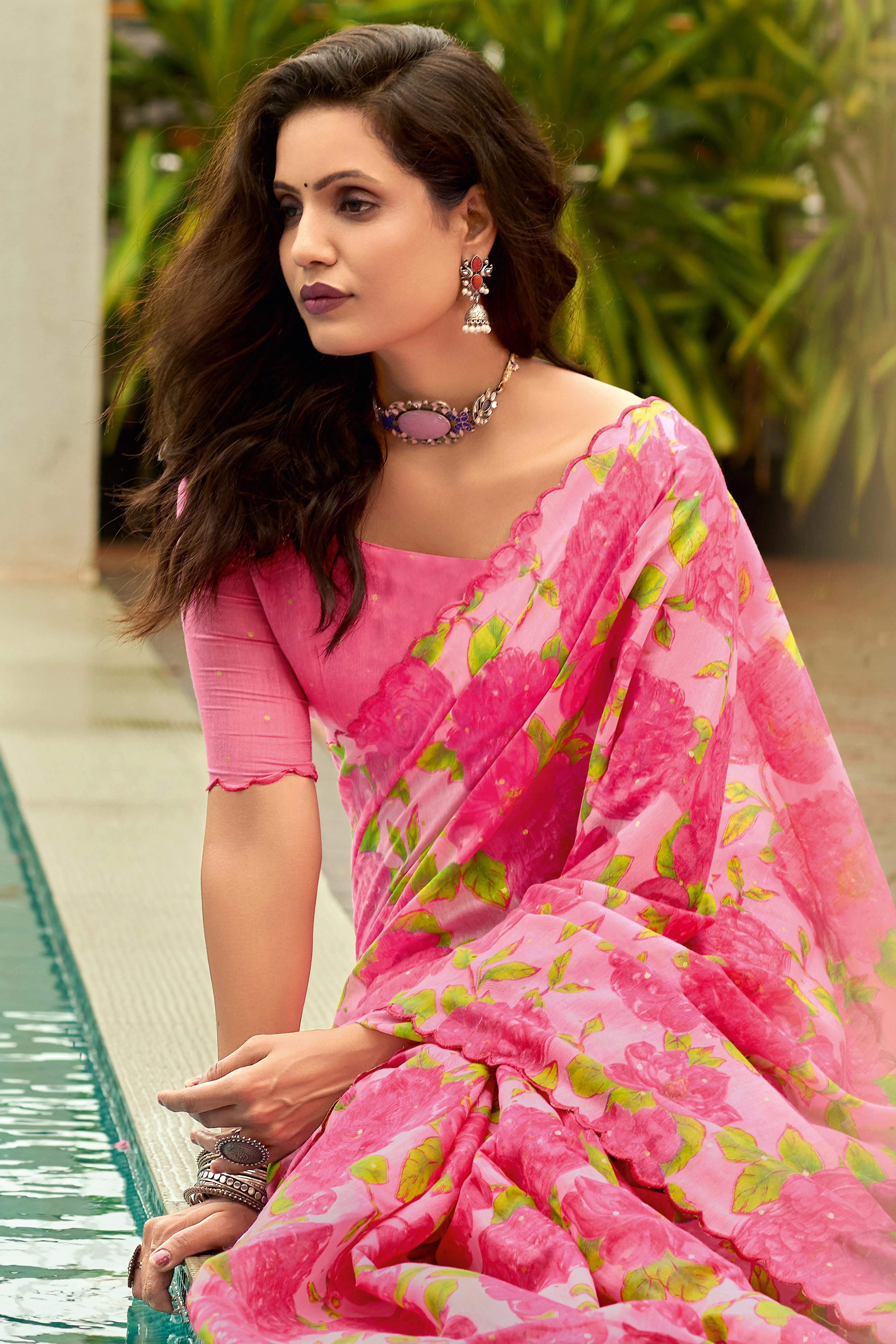 Pink Floral Printed Silk Blend Saree Enhanced with Intricate Stone Work - Image 2