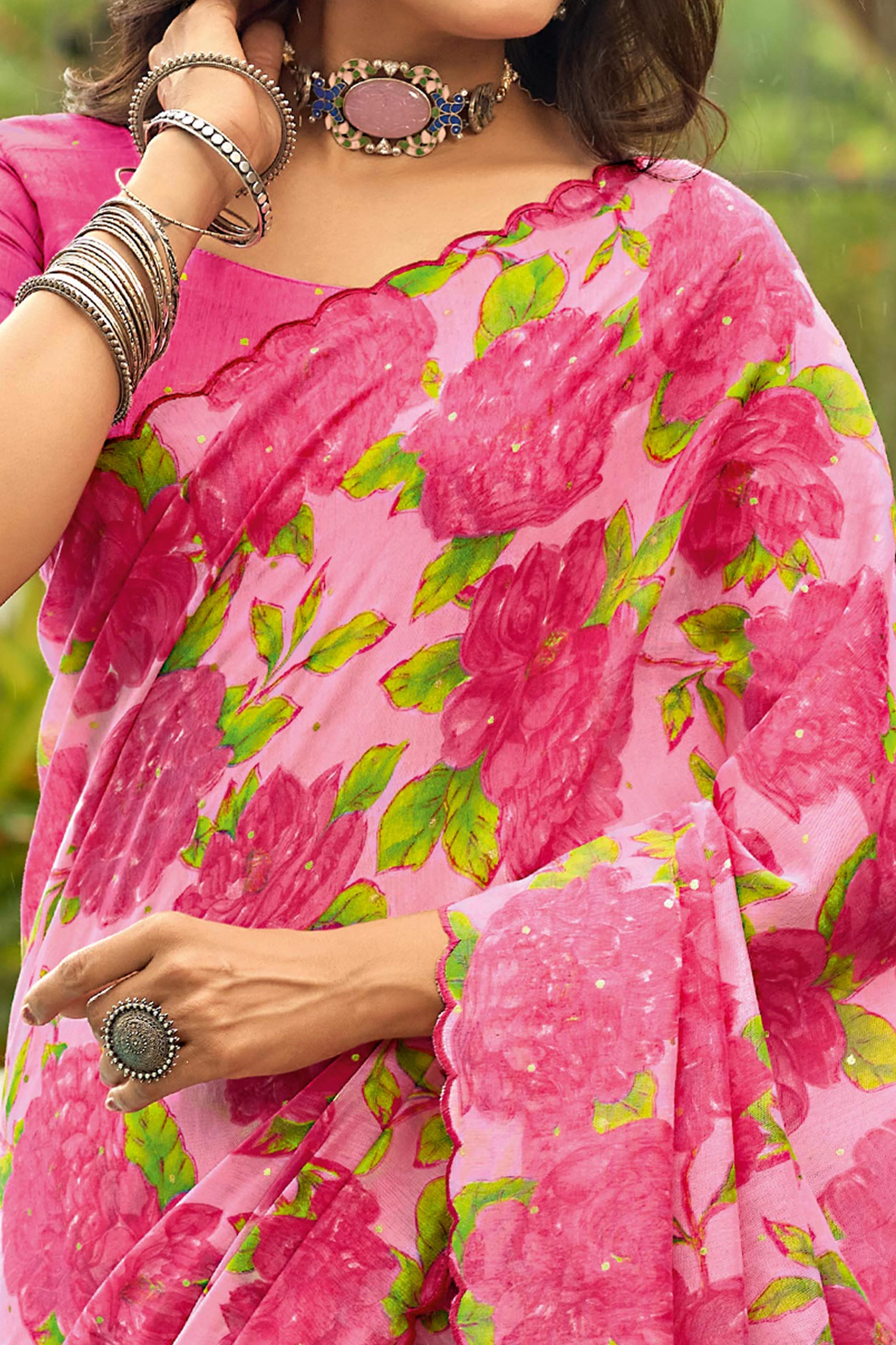 Pink Floral Printed Silk Blend Saree Enhanced with Intricate Stone Work - Image 3