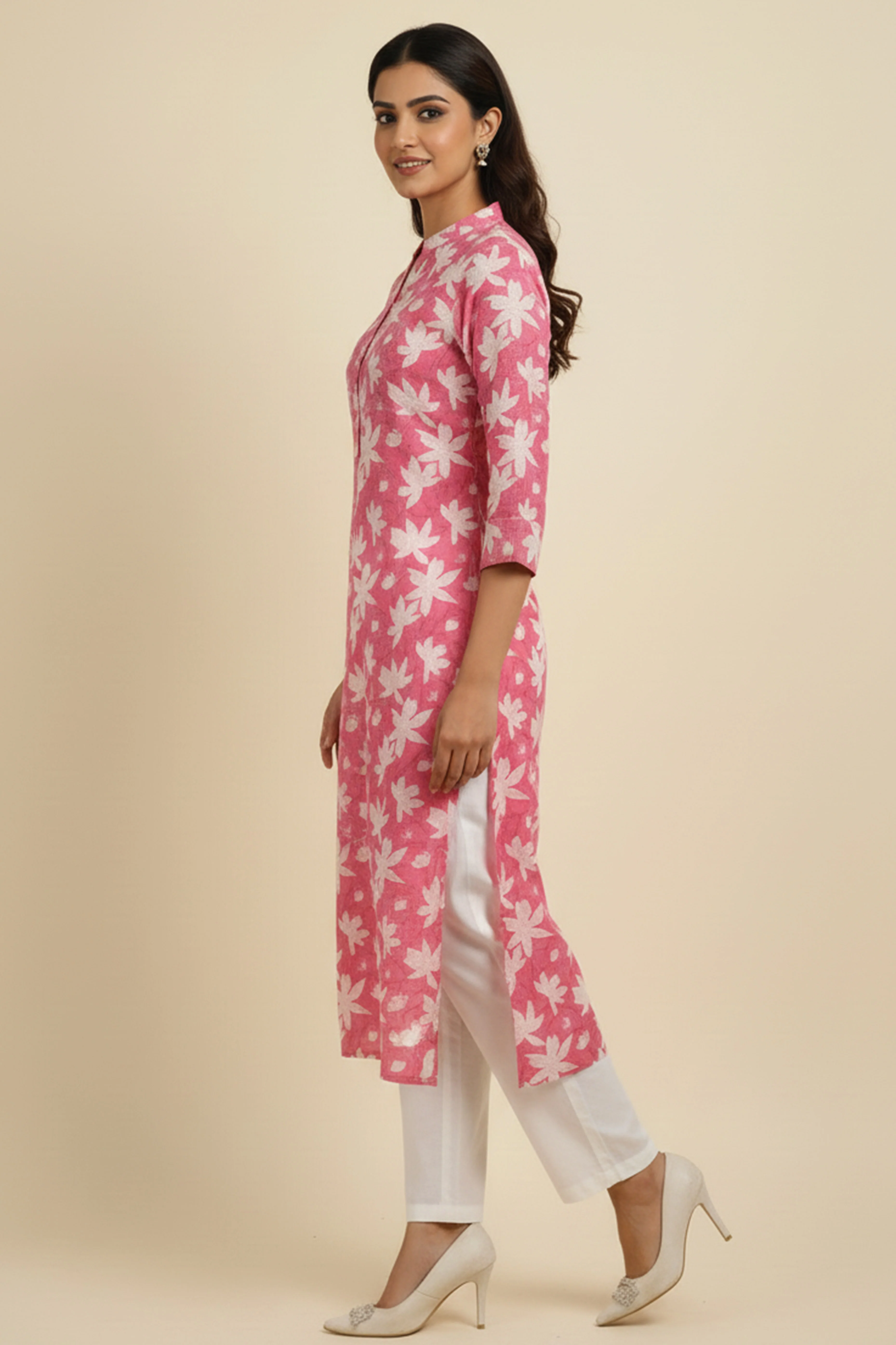 Pink Floral Printed Straight Kurti with Handcrafted Mirror Work Detailing - Image 5