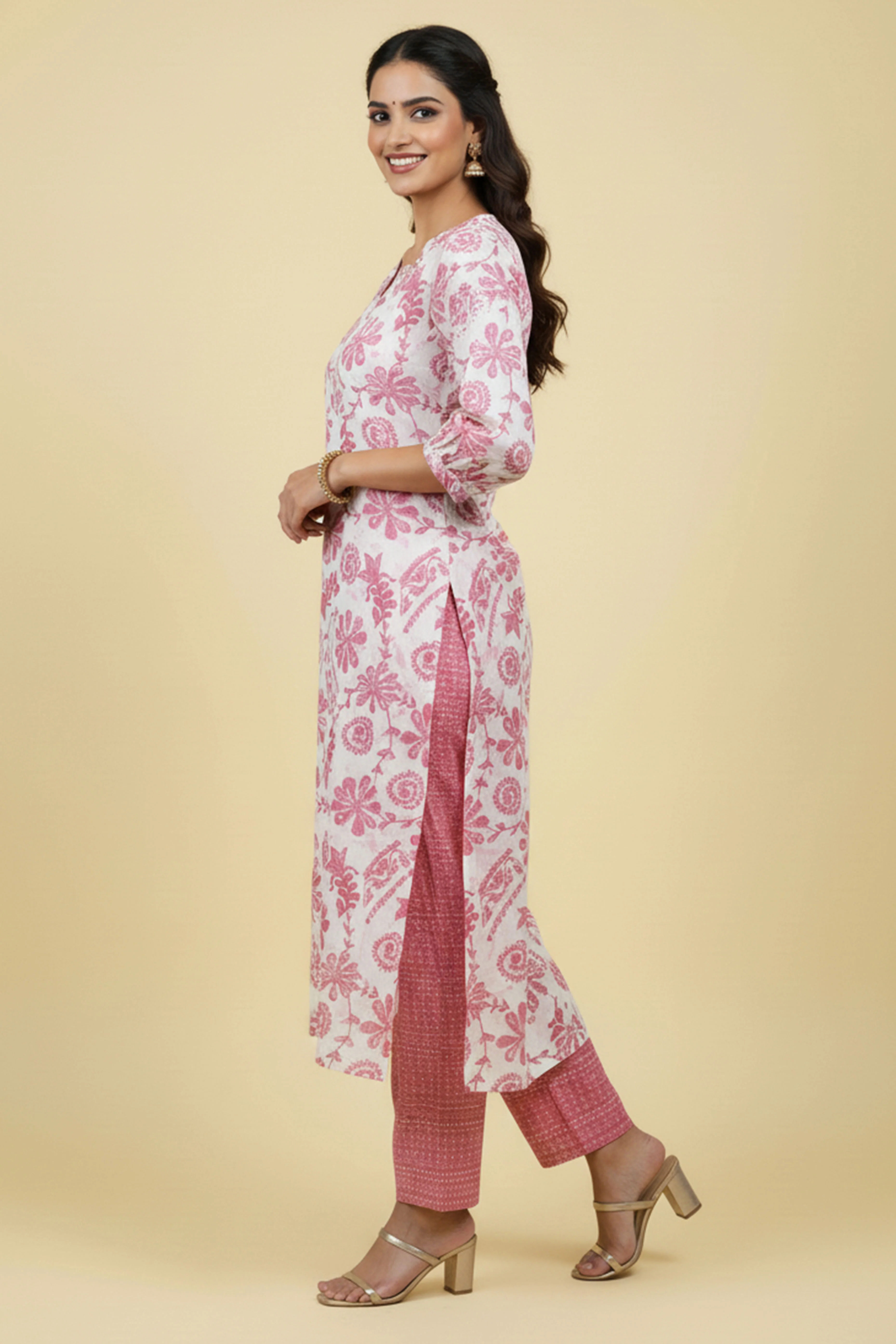 Pink Floral Printed Straight Salwar Suit in Lightweight Rayon Slub Fabric - Image 4