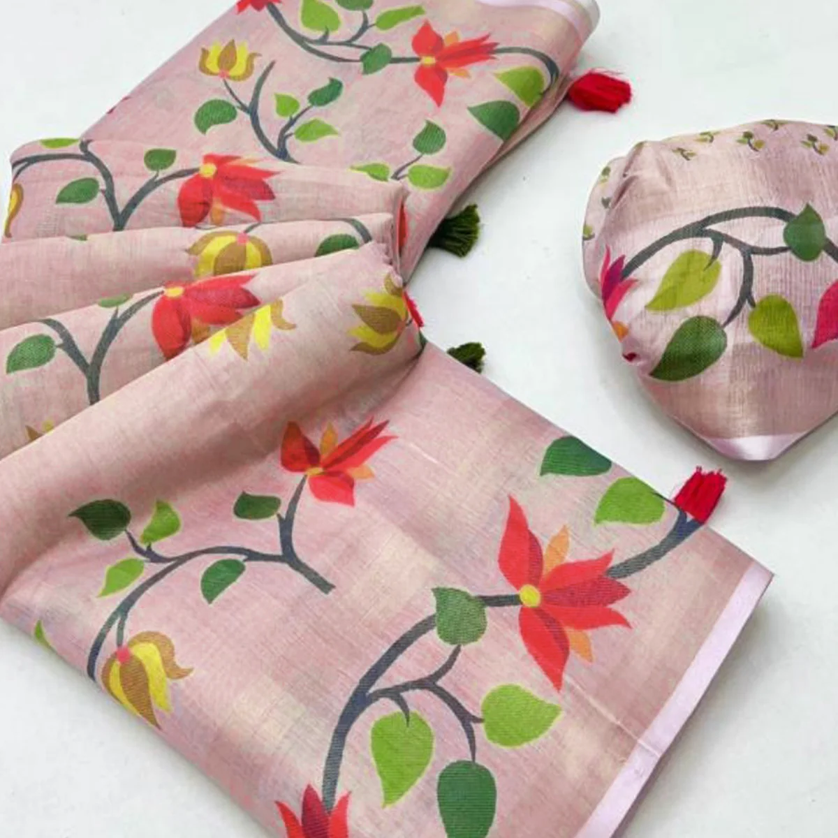 Pink Floral Printed Tissue Cotton Silk Saree Enhanced with a Classic Zari Weaving Border - Image 2