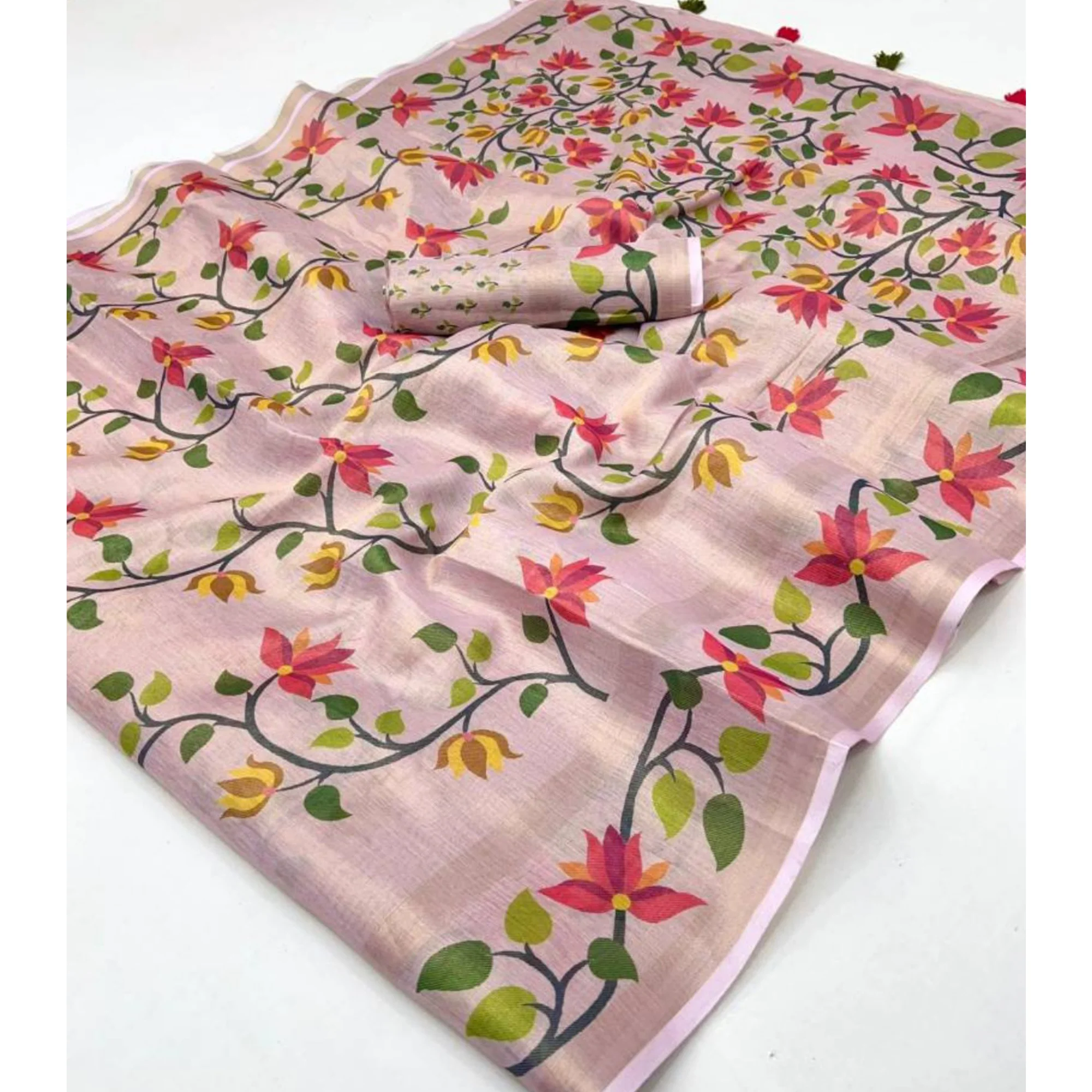 Pink Floral Printed Tissue Cotton Silk Saree Enhanced with a Classic Zari Weaving Border - Image 3