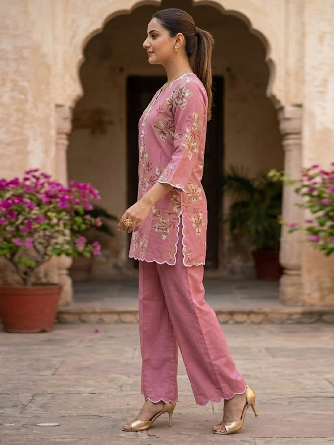 Pink Floral Printed Viscose Top Palazzo Set for Women - Image 3